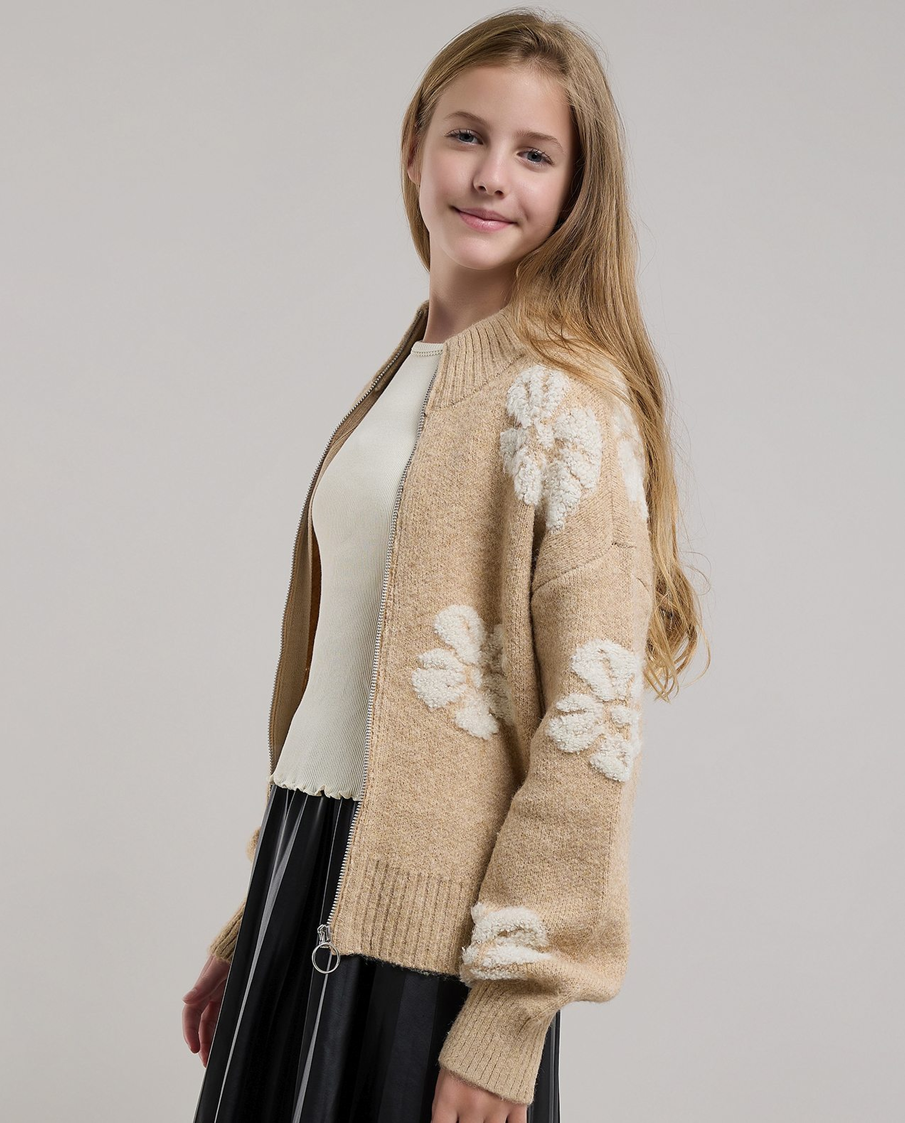 Embroidered Cardigan with Zipper Closure