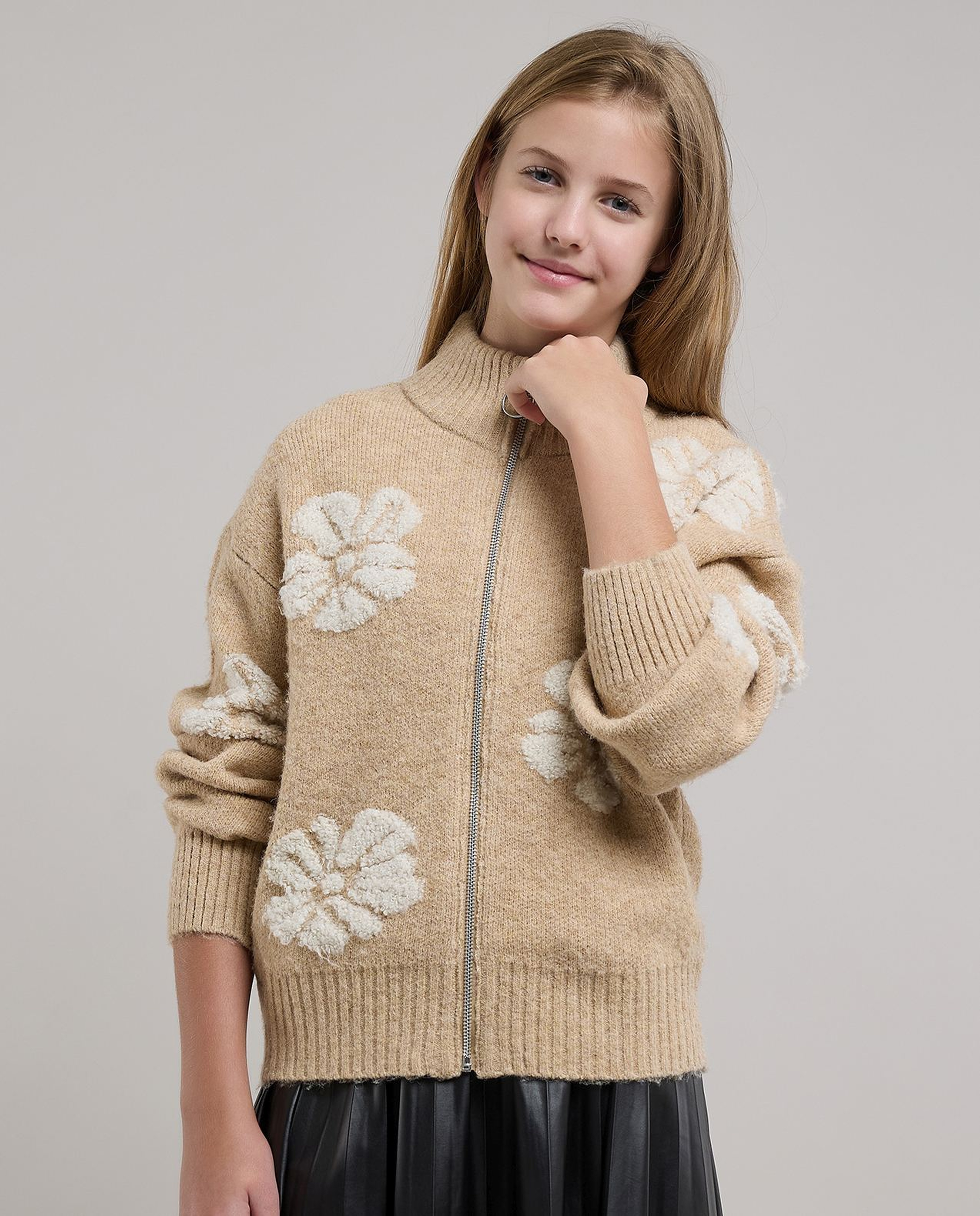 Embroidered Cardigan with Zipper Closure