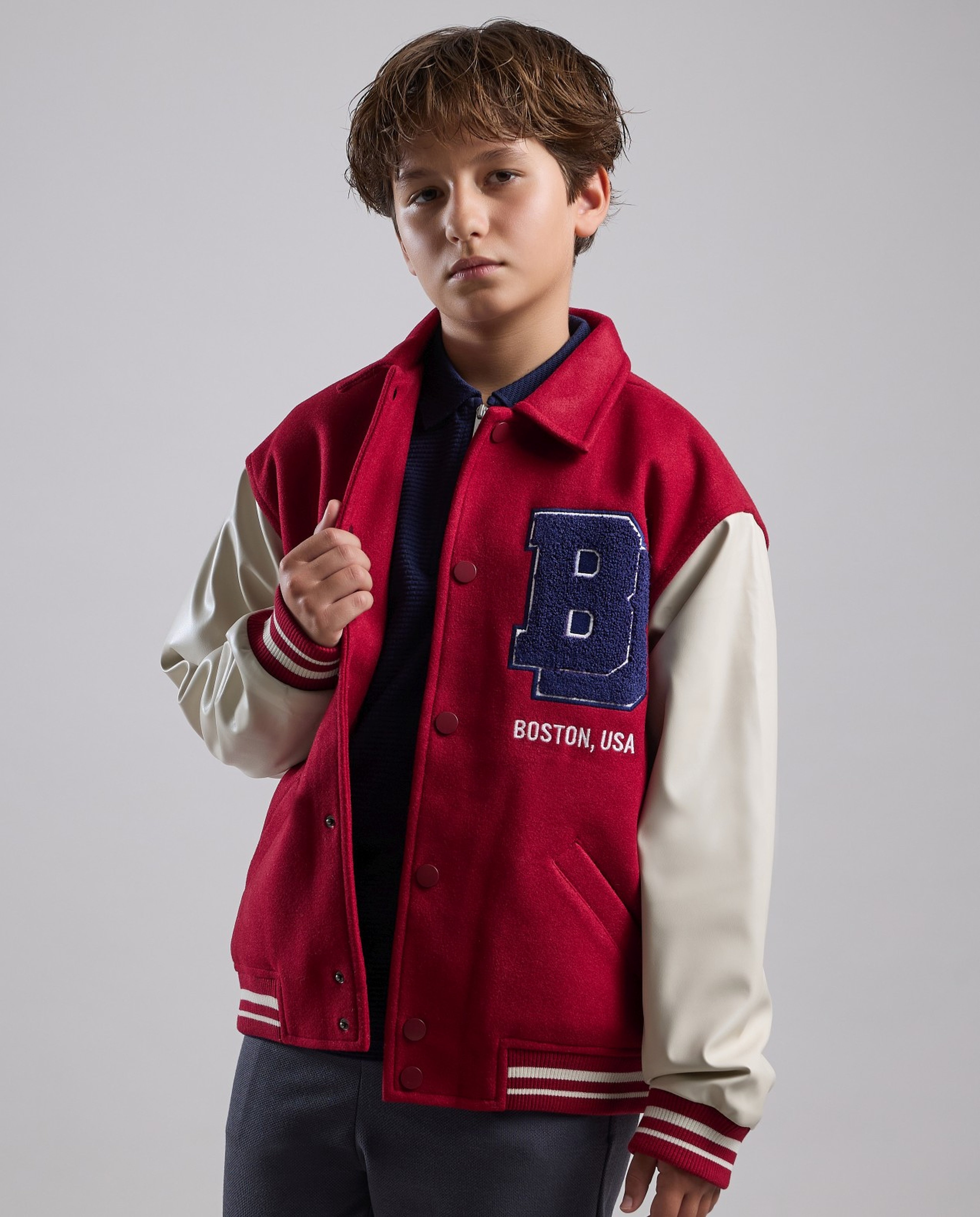 Appliqued Varsity Jacket with Button Closure