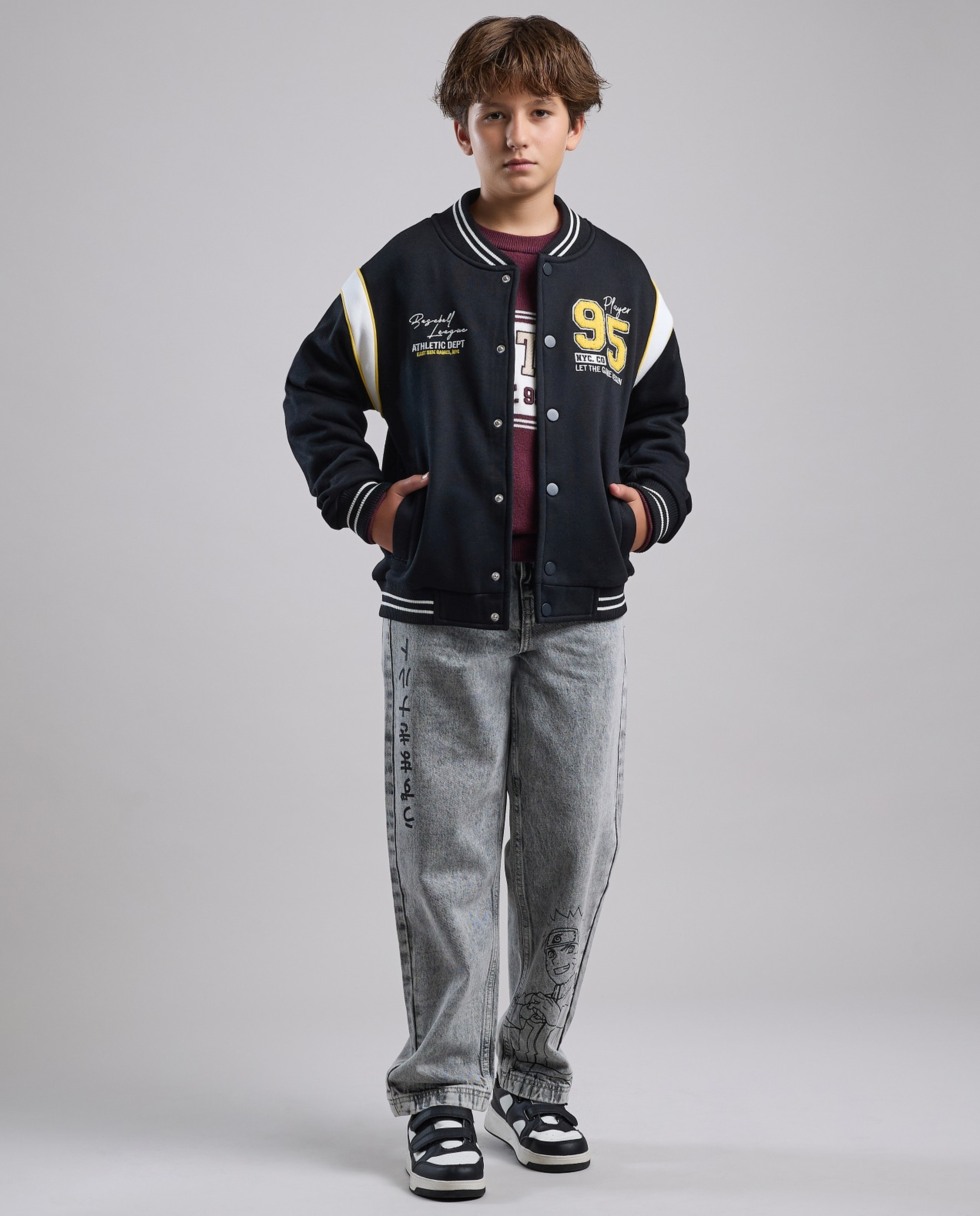 Appliqued Varsity Jacket with Button Closure