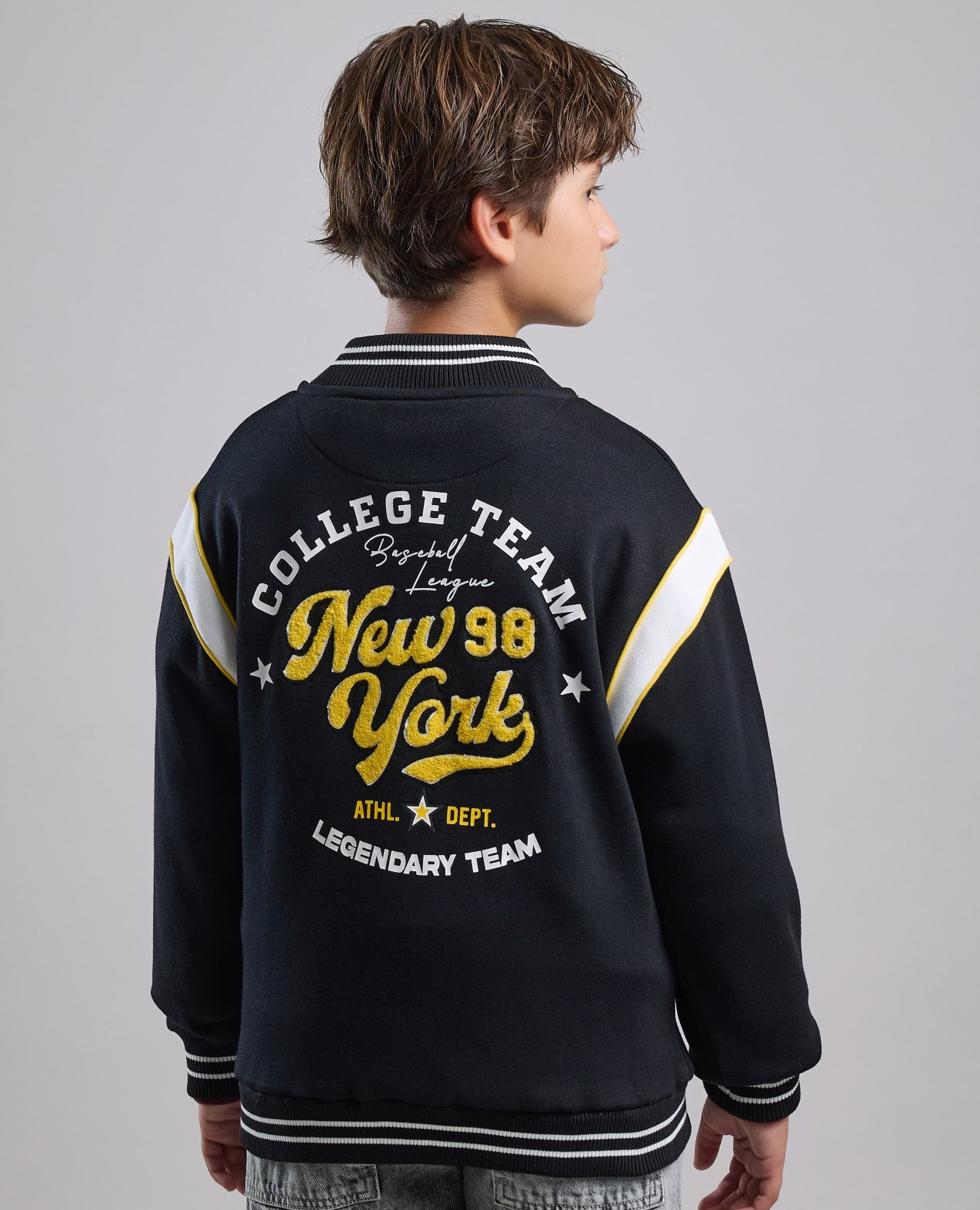 Appliqued Varsity Jacket with Button Closure