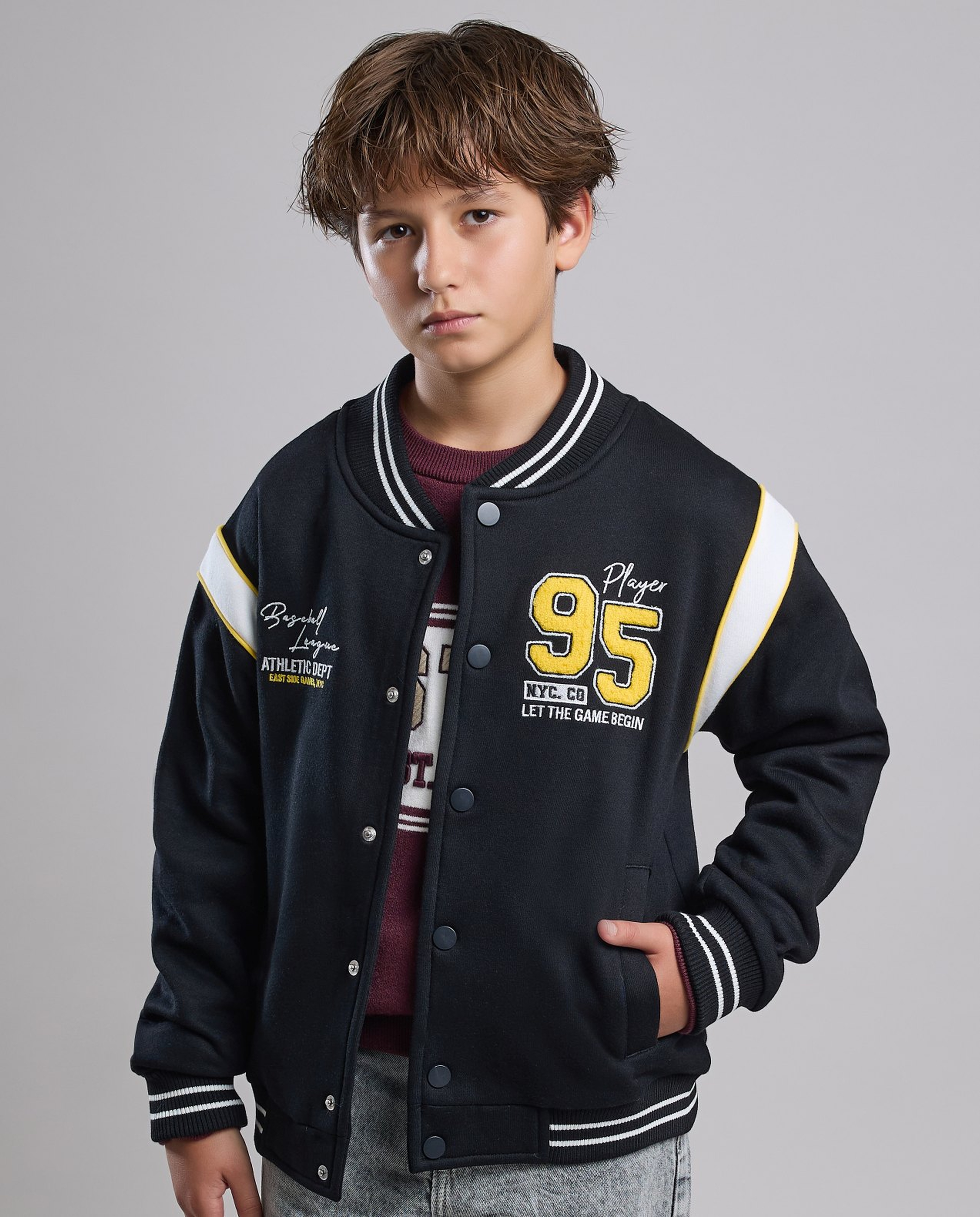 Appliqued Varsity Jacket with Button Closure