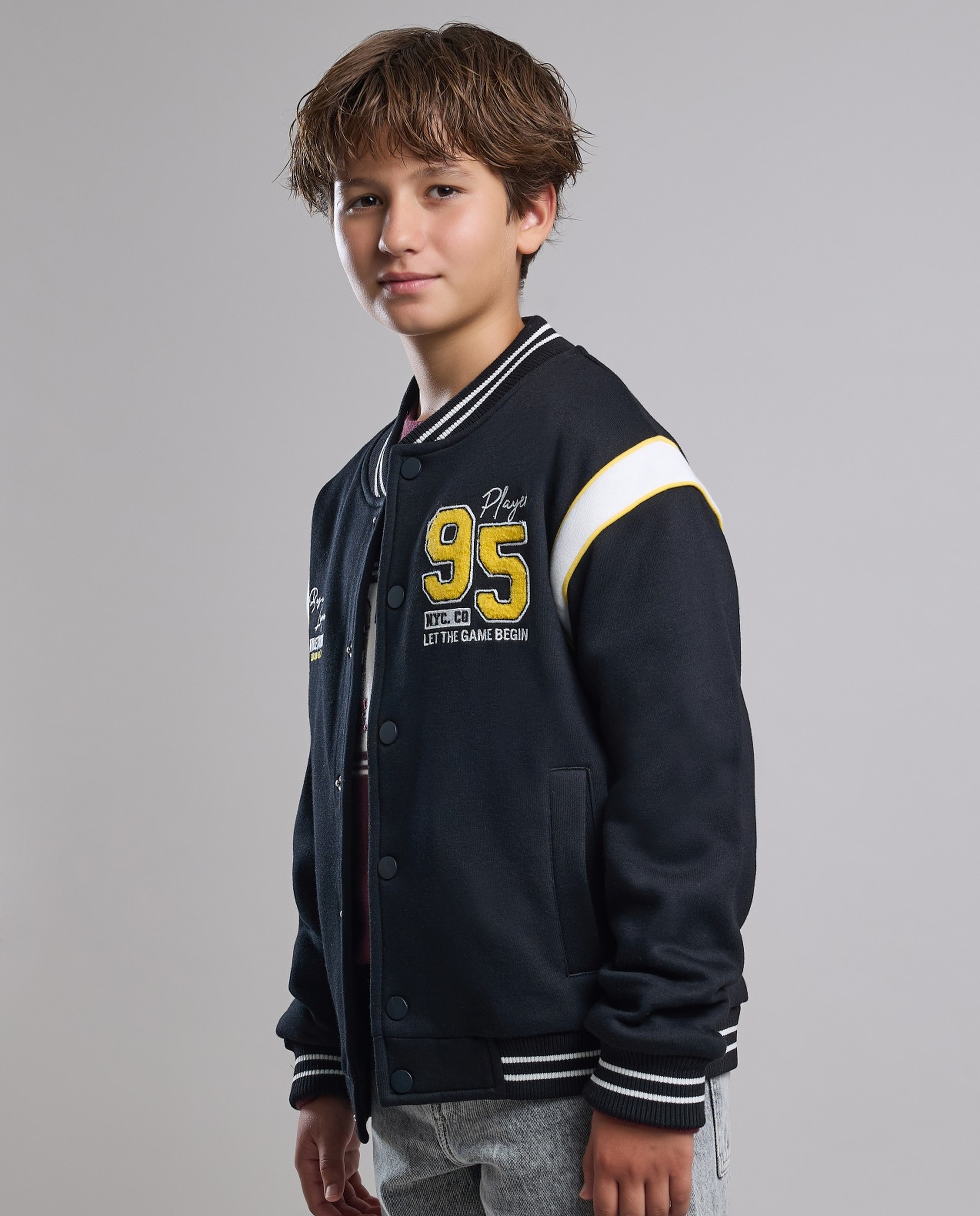 Appliqued Varsity Jacket with Button Closure