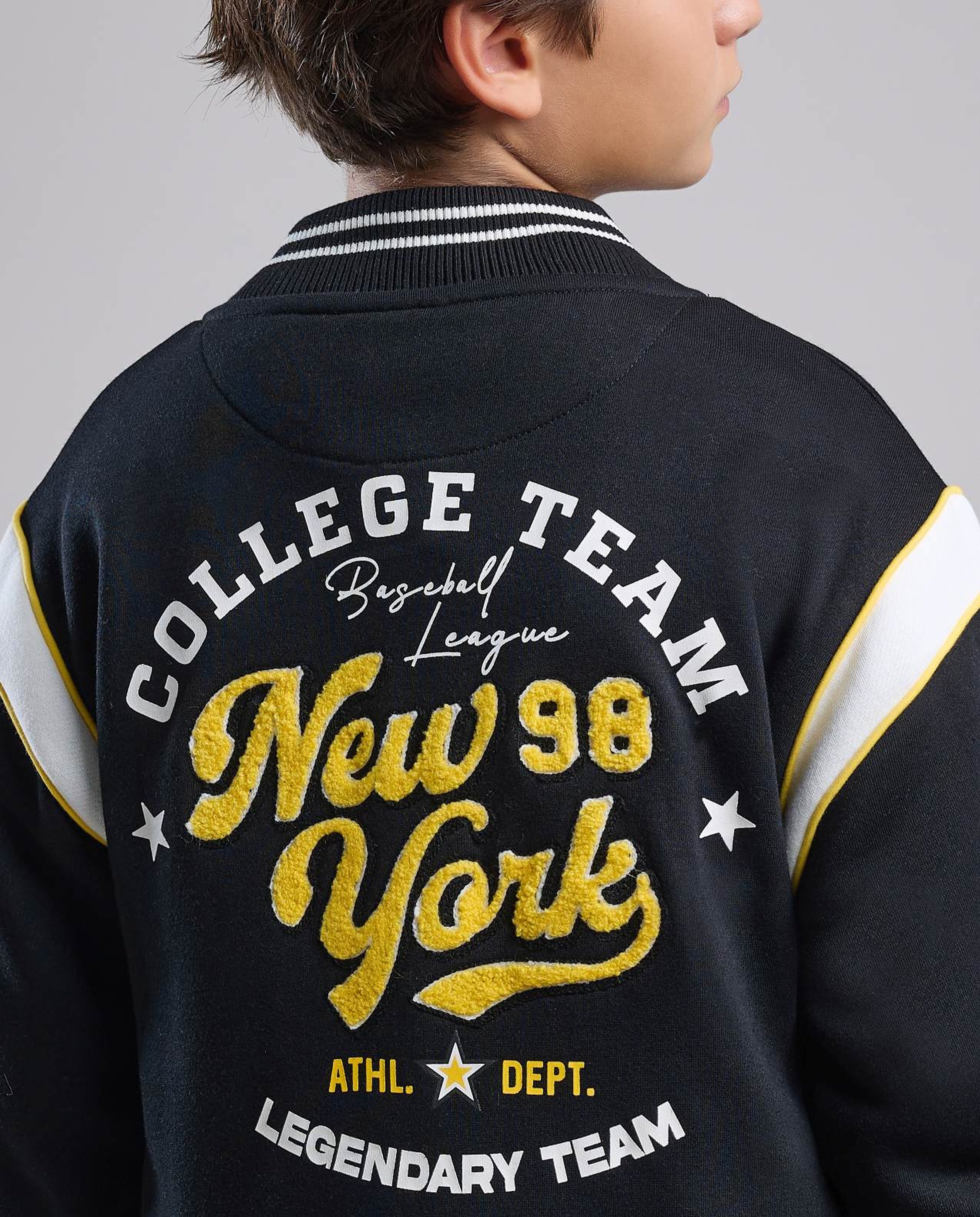 Appliqued Varsity Jacket with Button Closure