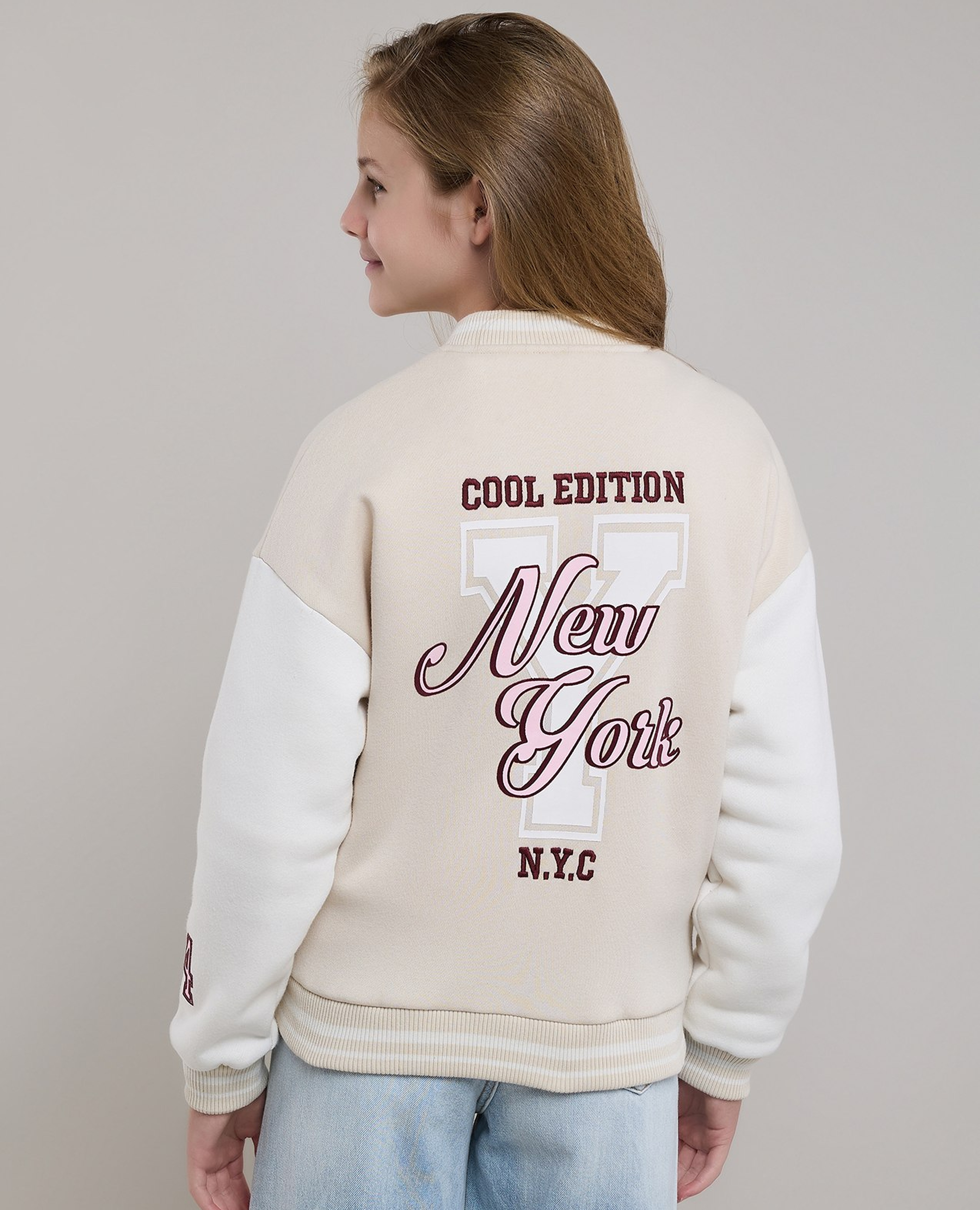 Appliqued Varsity Jacket with Zipper Closure