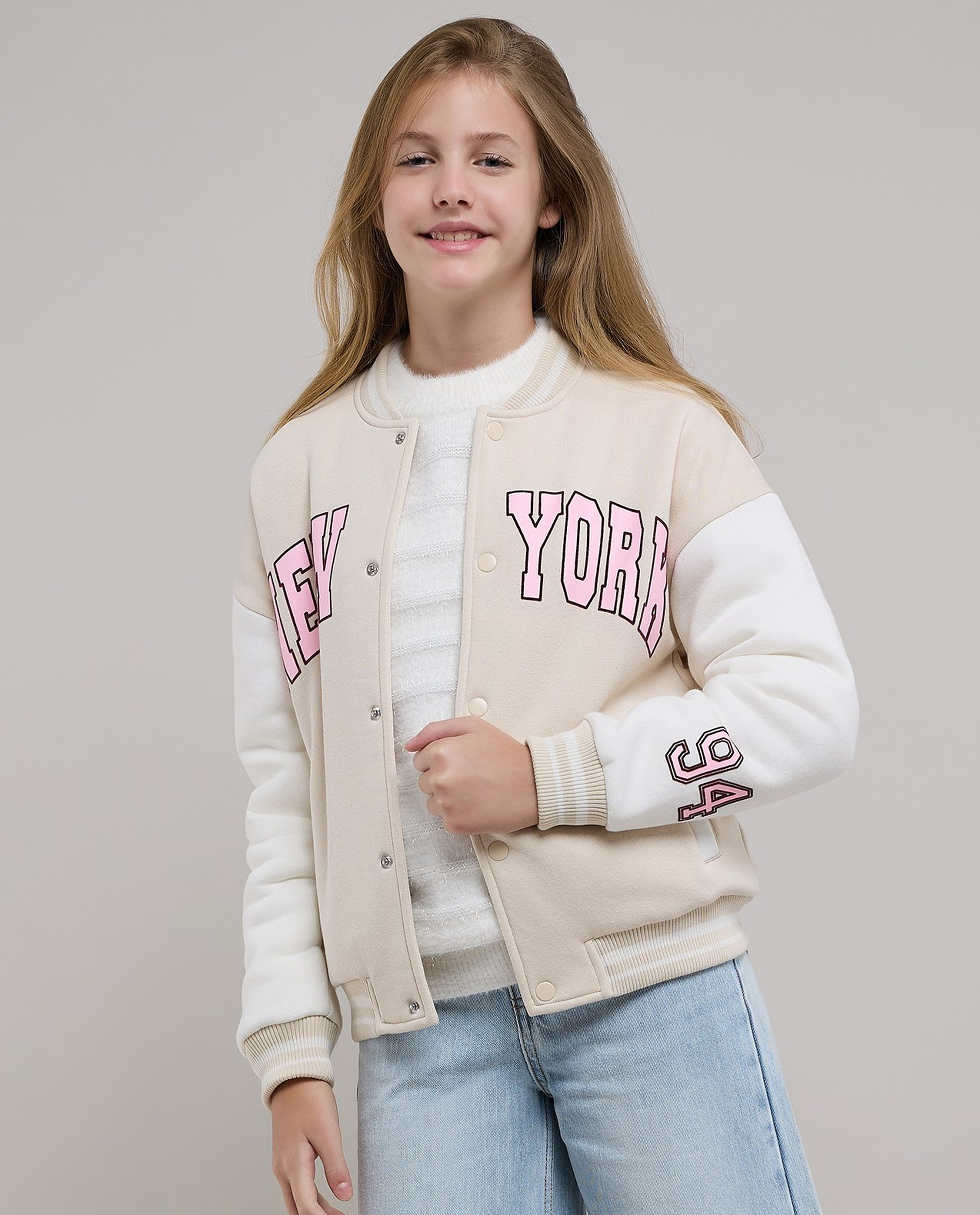 Appliqued Varsity Jacket with Zipper Closure