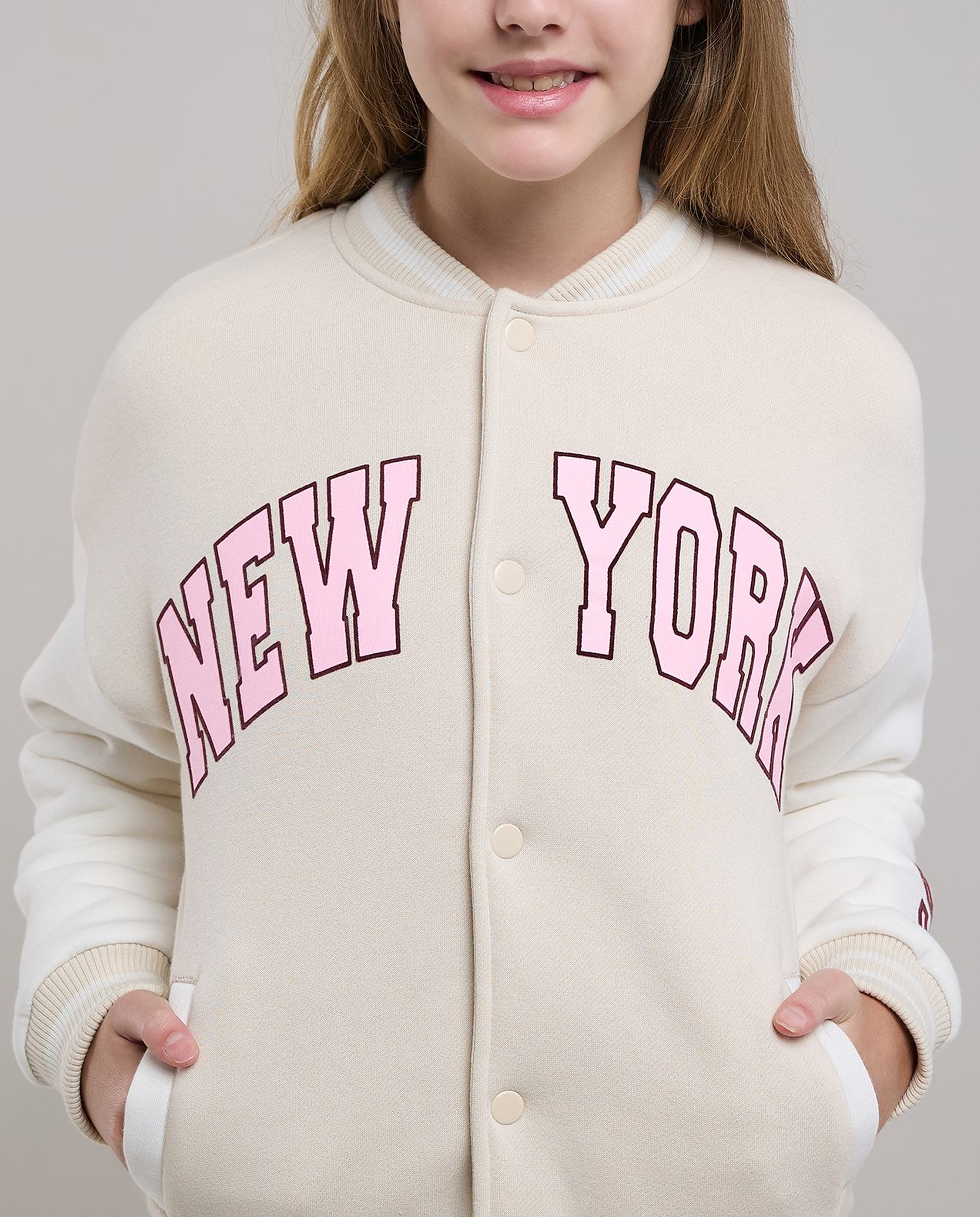 Appliqued Varsity Jacket with Zipper Closure