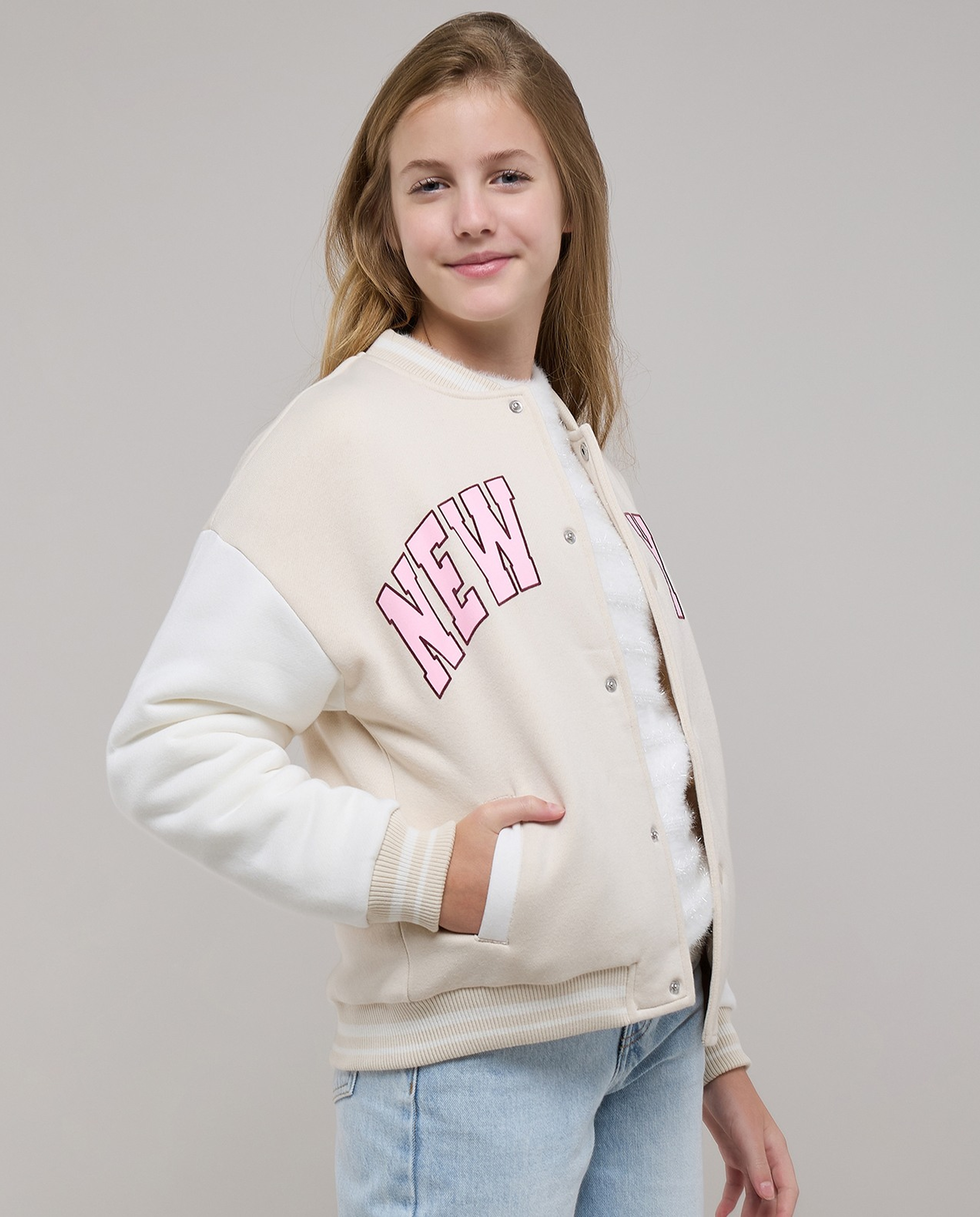 Appliqued Varsity Jacket with Zipper Closure