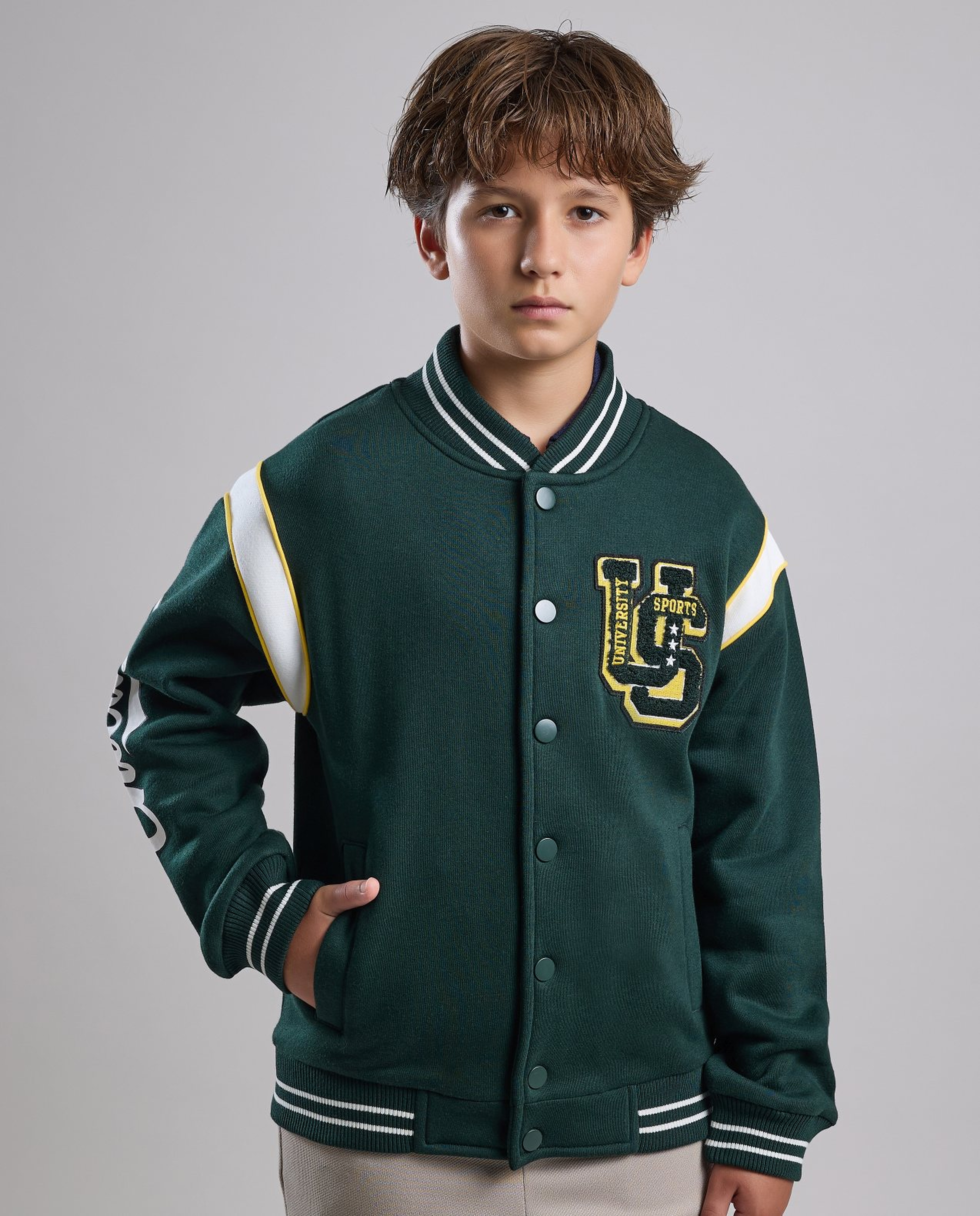 Appliqued Varsity Jacket with Button Closure