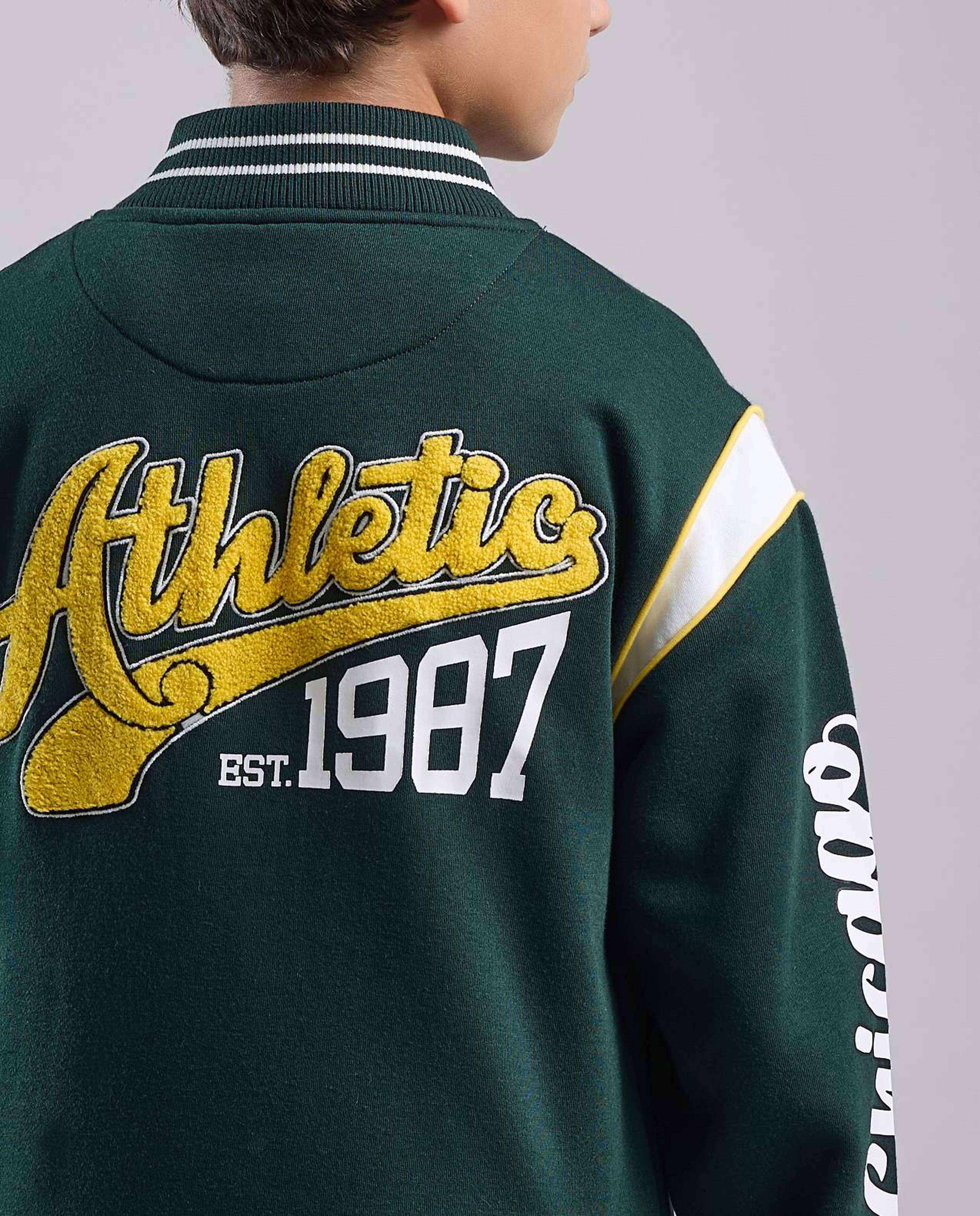 Appliqued Varsity Jacket with Button Closure