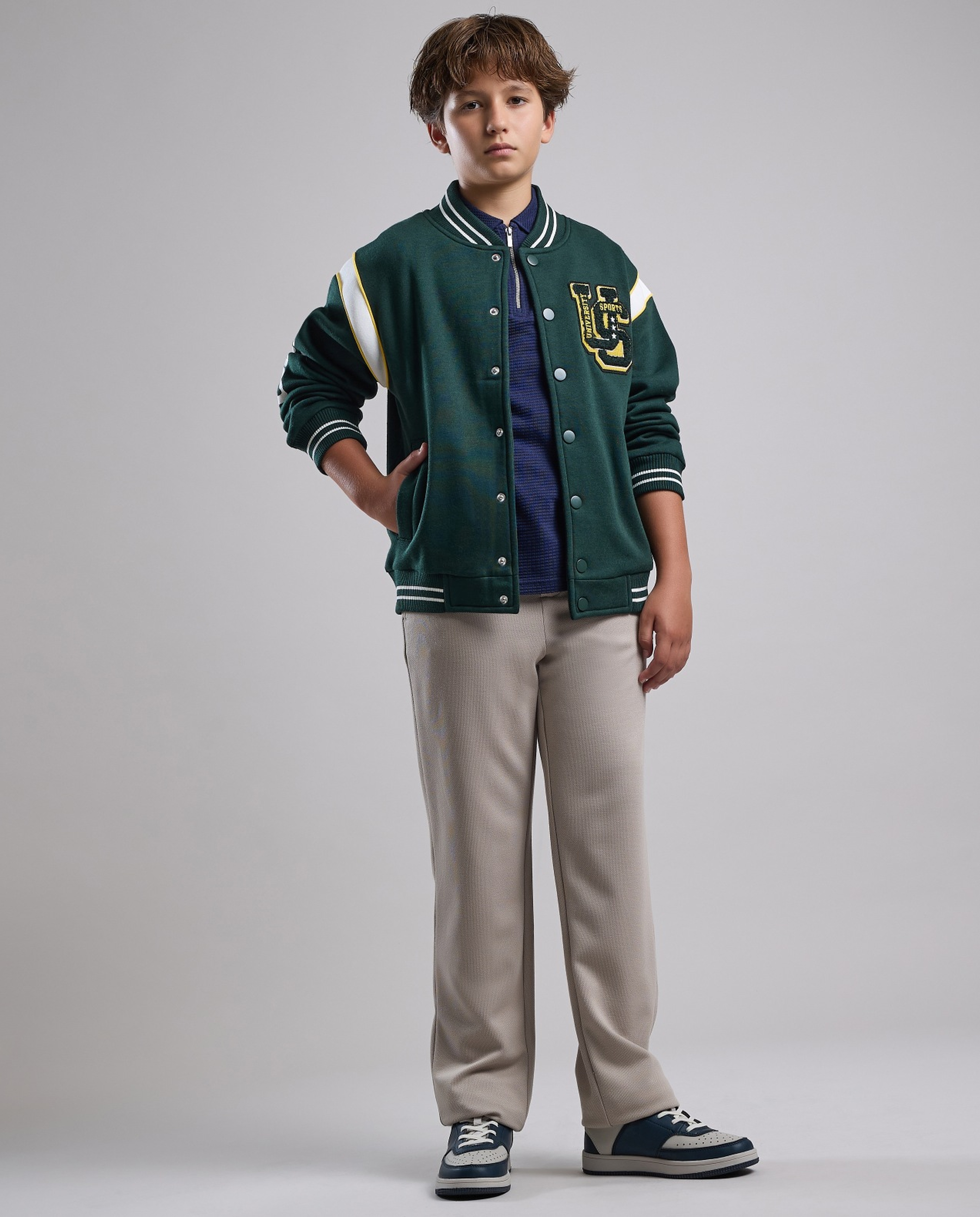 Appliqued Varsity Jacket with Button Closure
