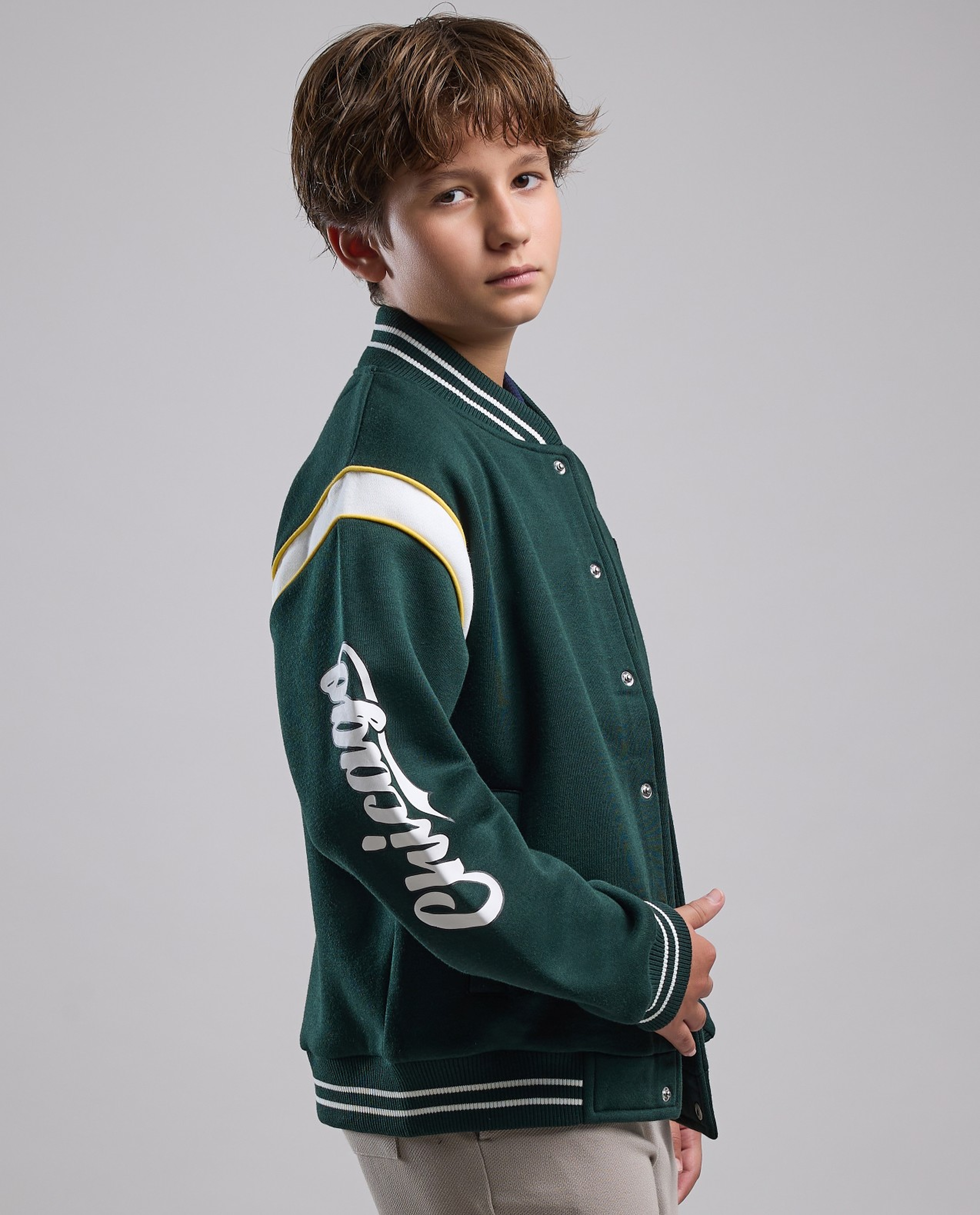 Appliqued Varsity Jacket with Button Closure