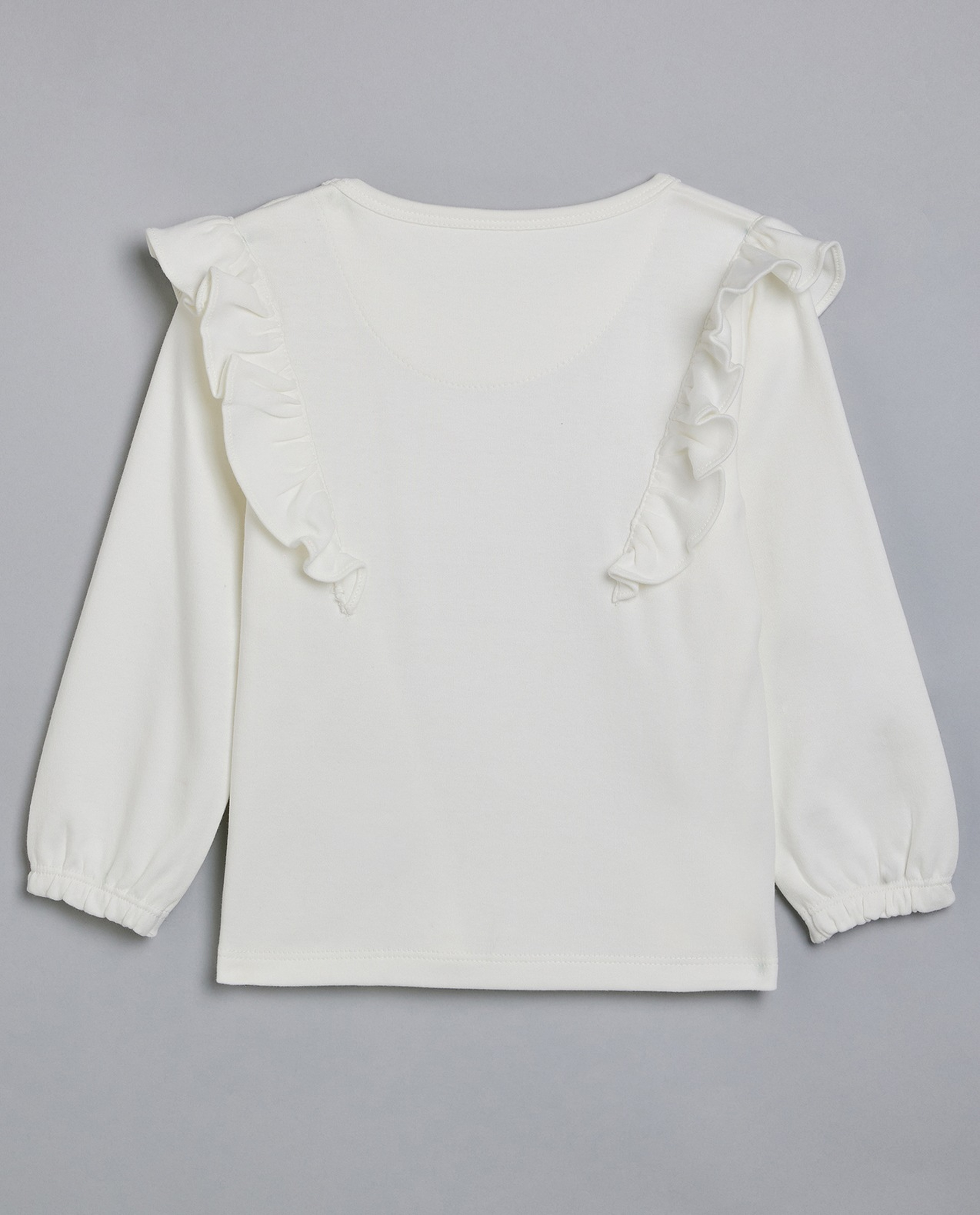 Appliqued Top with Crew Neck and Puff Sleeves