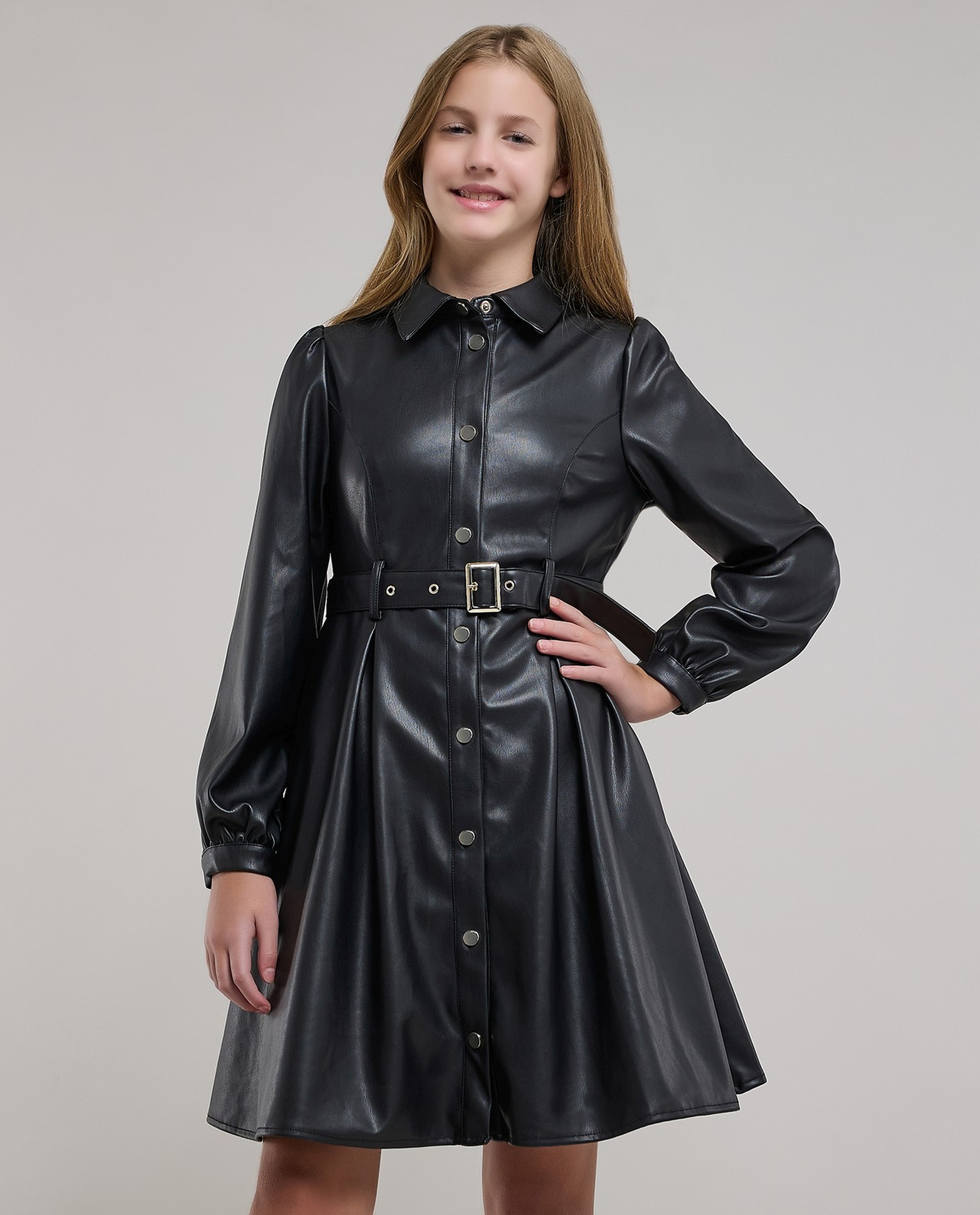 Solid Belted Shirt Dress with Long Sleeves