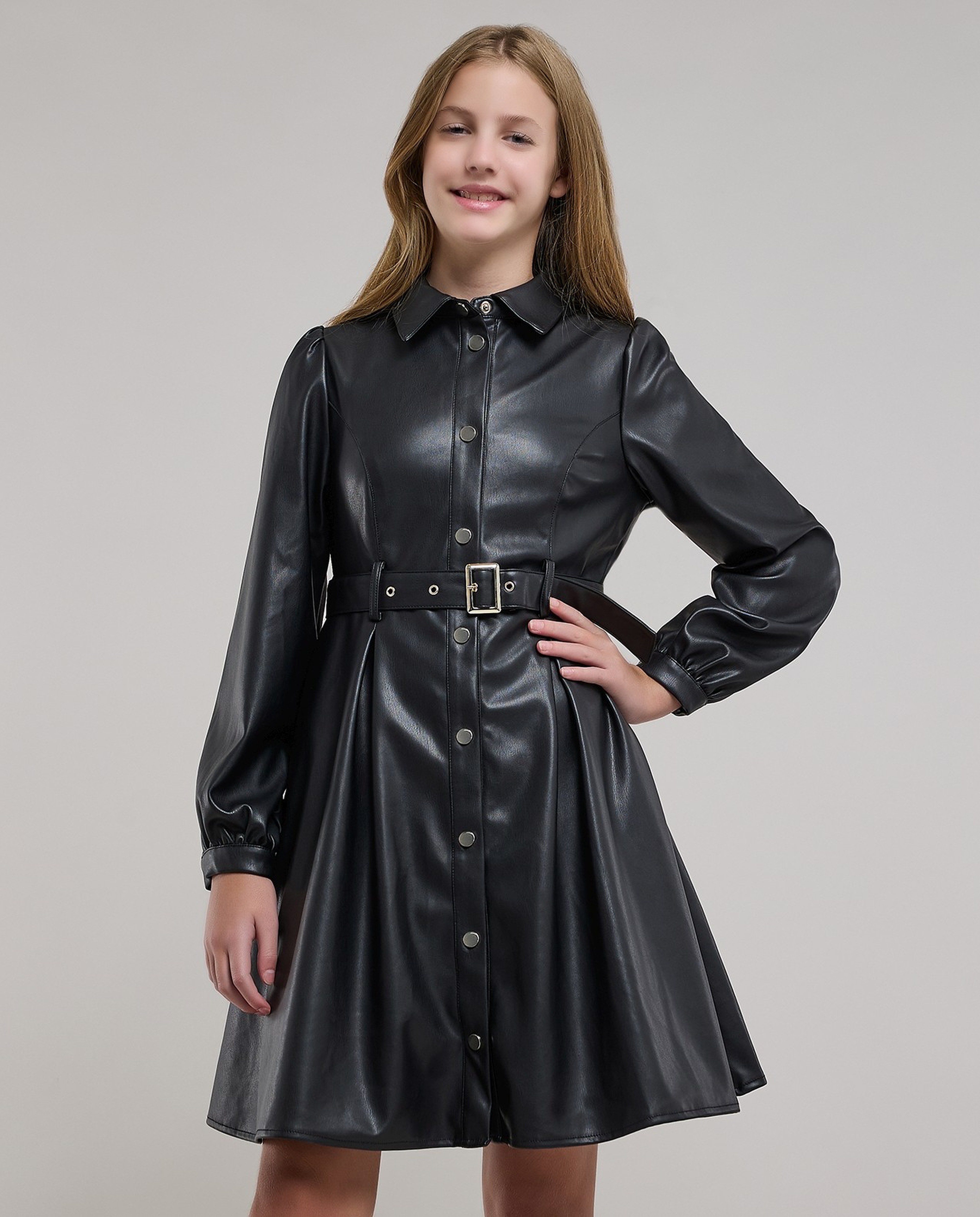 Solid Belted Shirt Dress with Long Sleeves