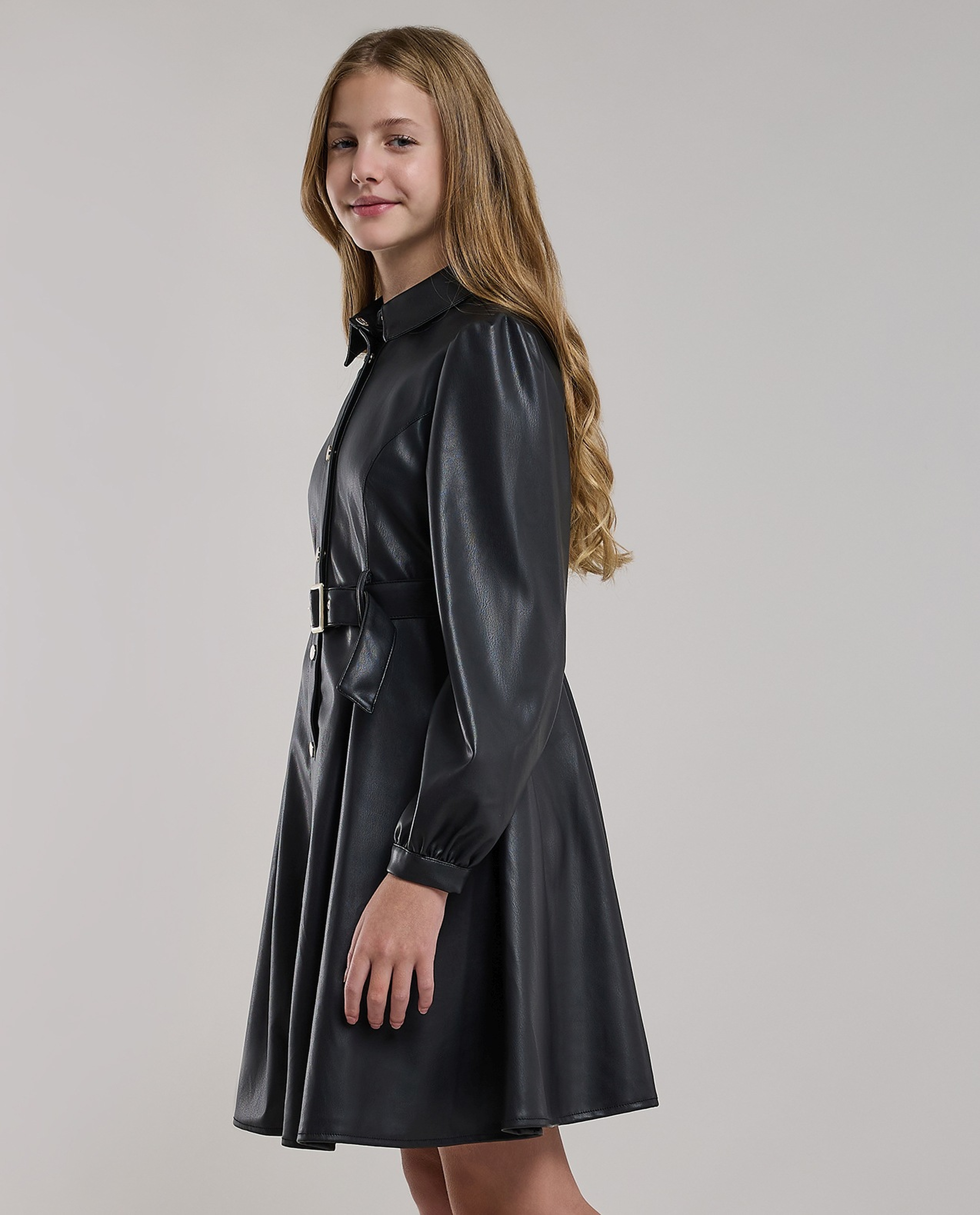 Solid Belted Shirt Dress with Long Sleeves