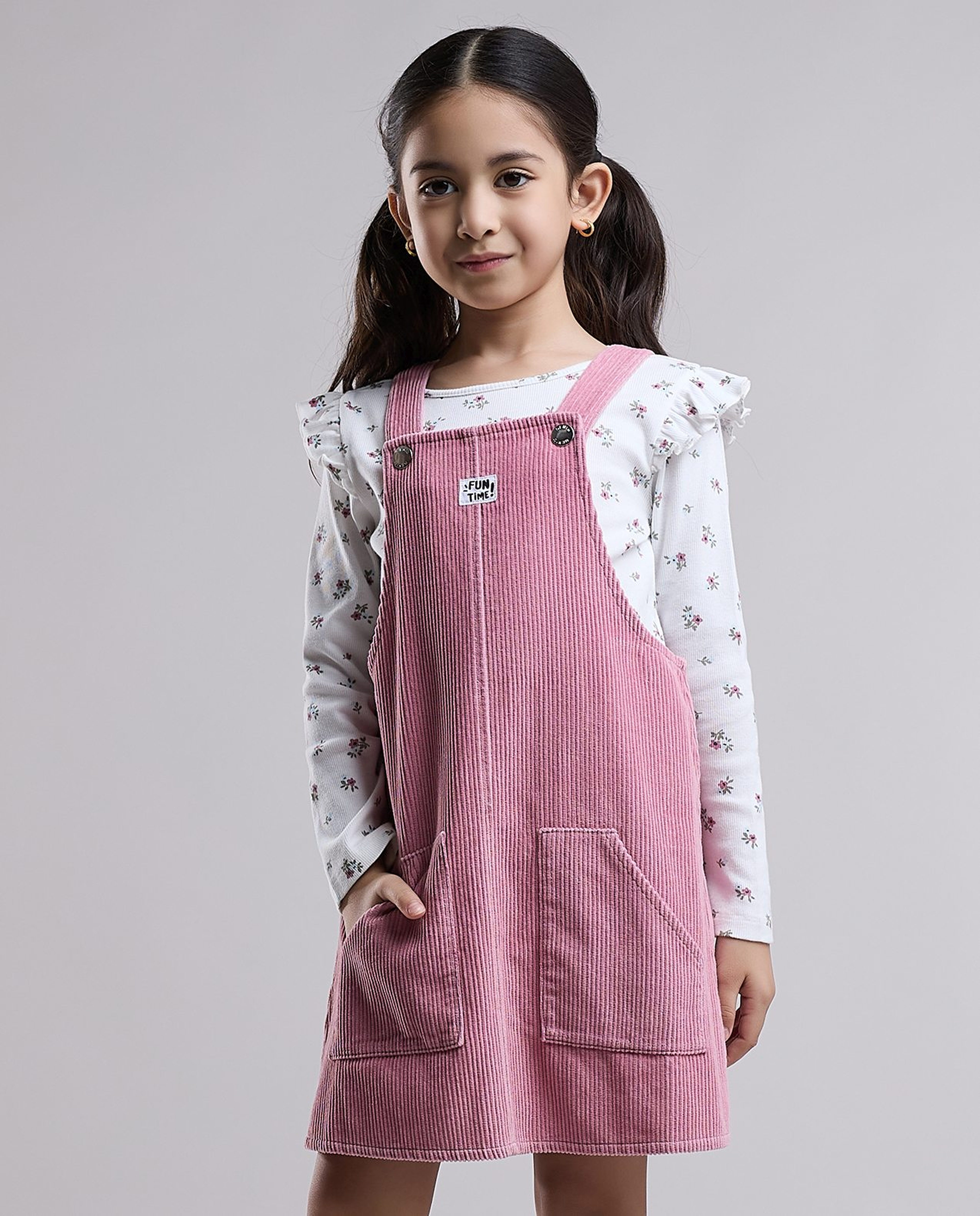 Printed Top and Dungaree Dress Set