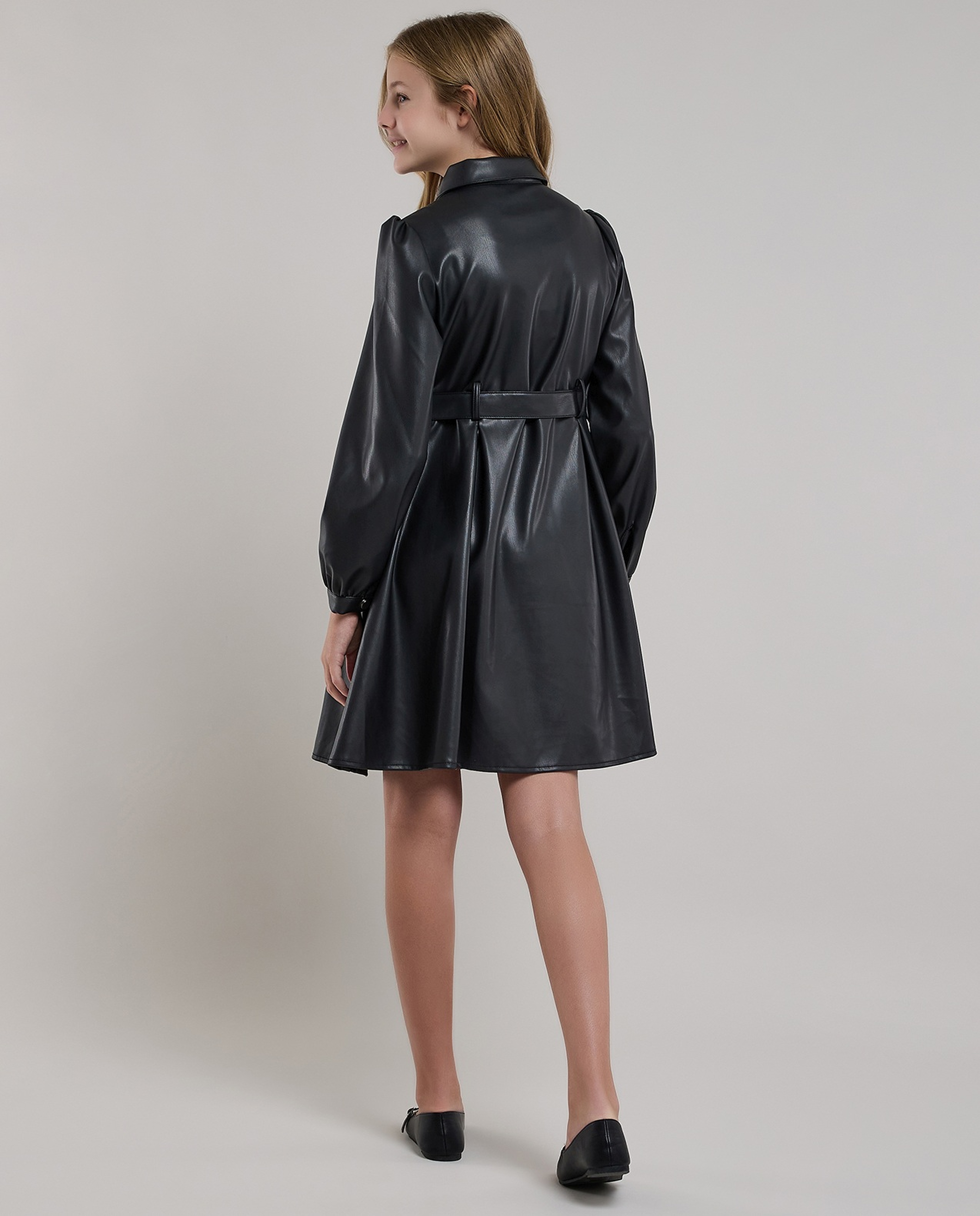 Solid Belted Shirt Dress with Long Sleeves