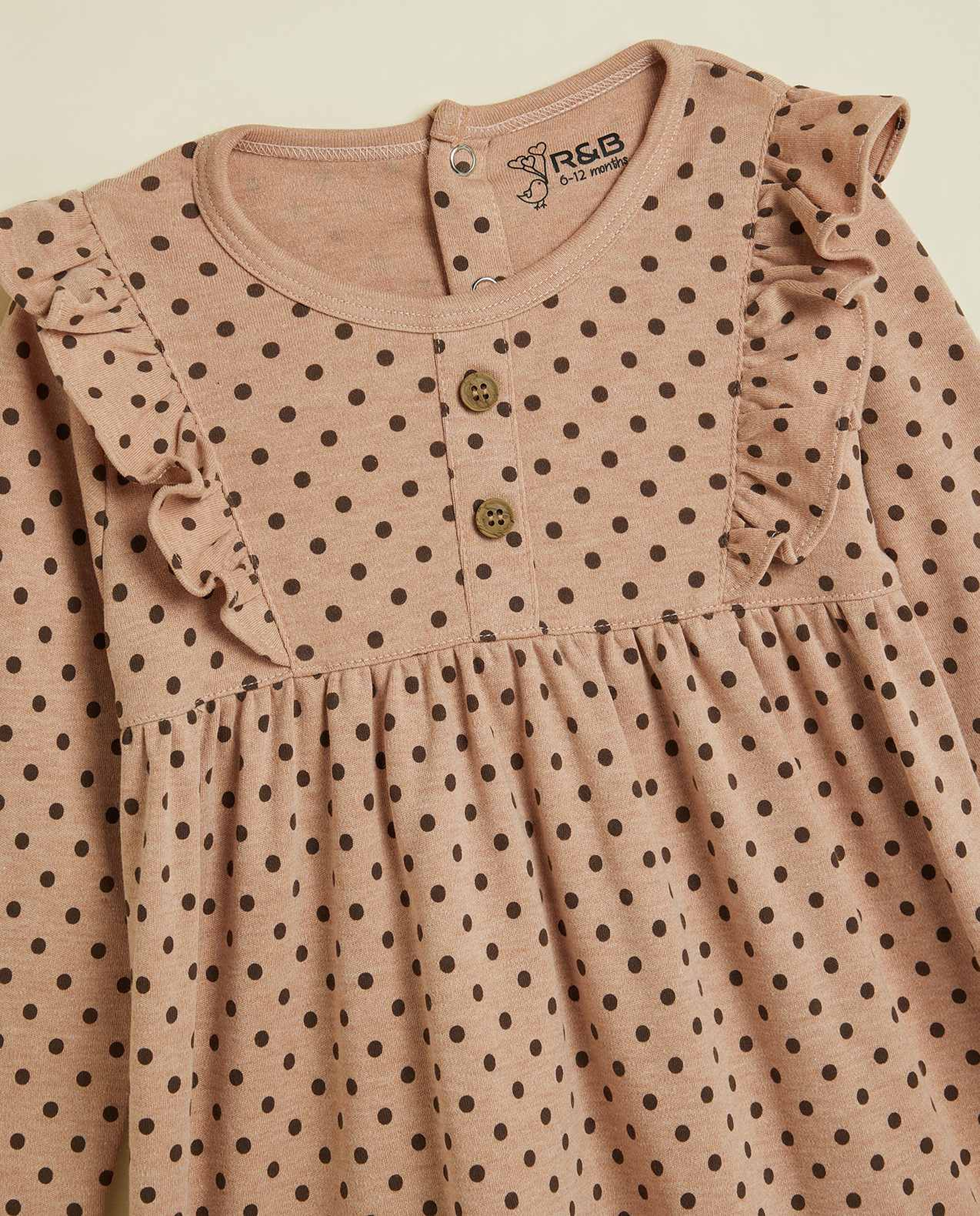 Polka Dots Dress with Crew Neck and Long Sleeves