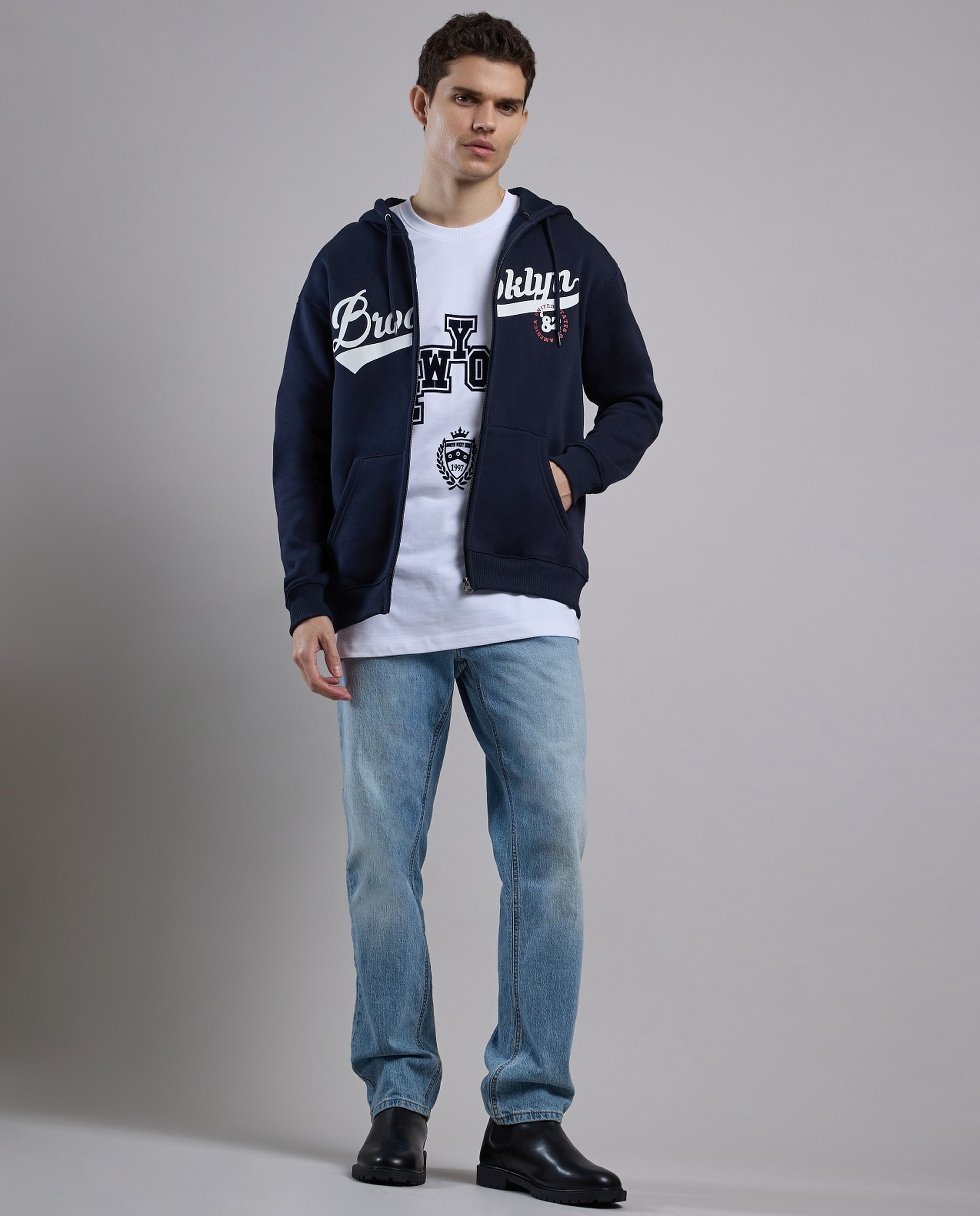 Typography Print Hooded Jacket with Zipper Closure