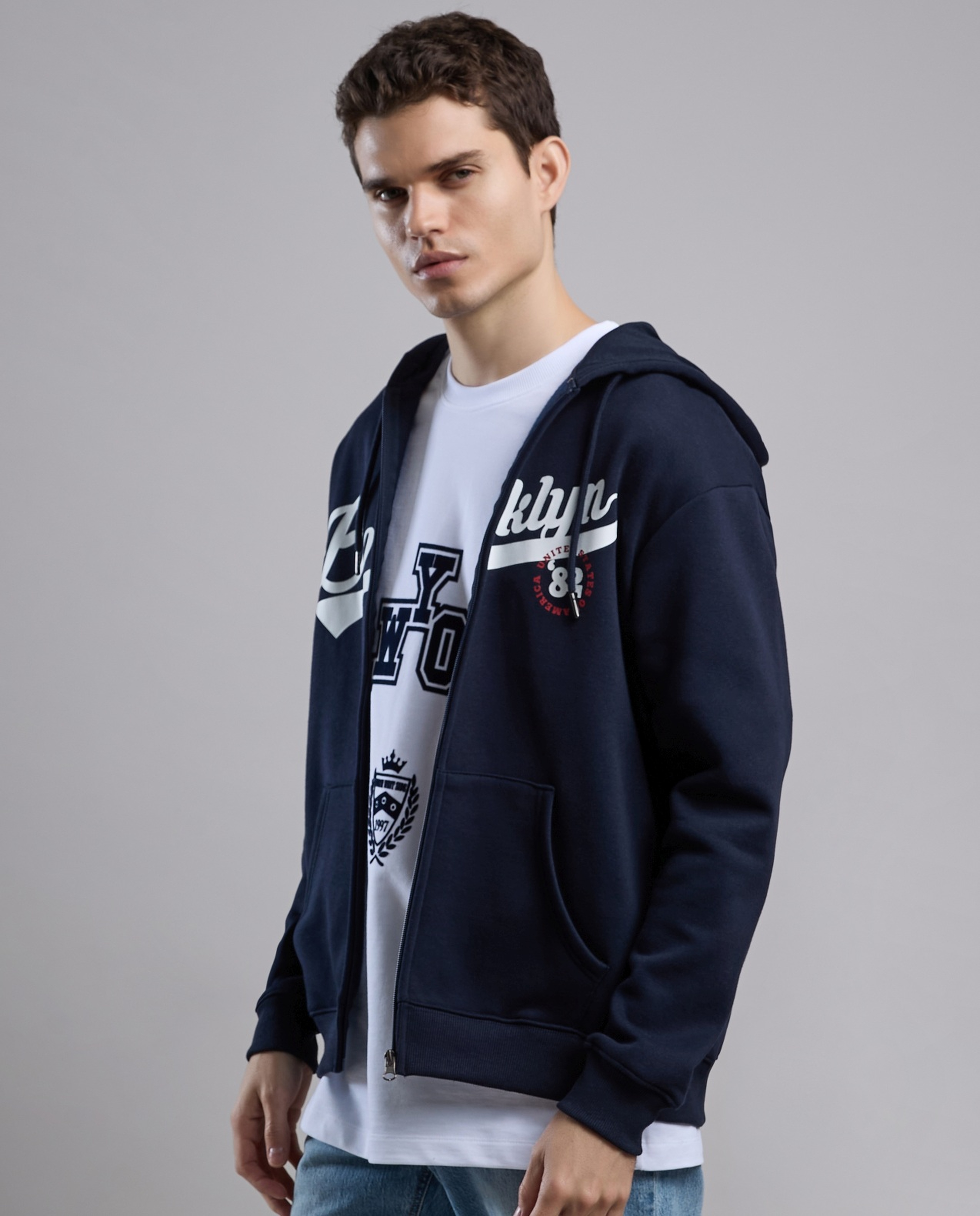 Typography Print Hooded Jacket with Zipper Closure