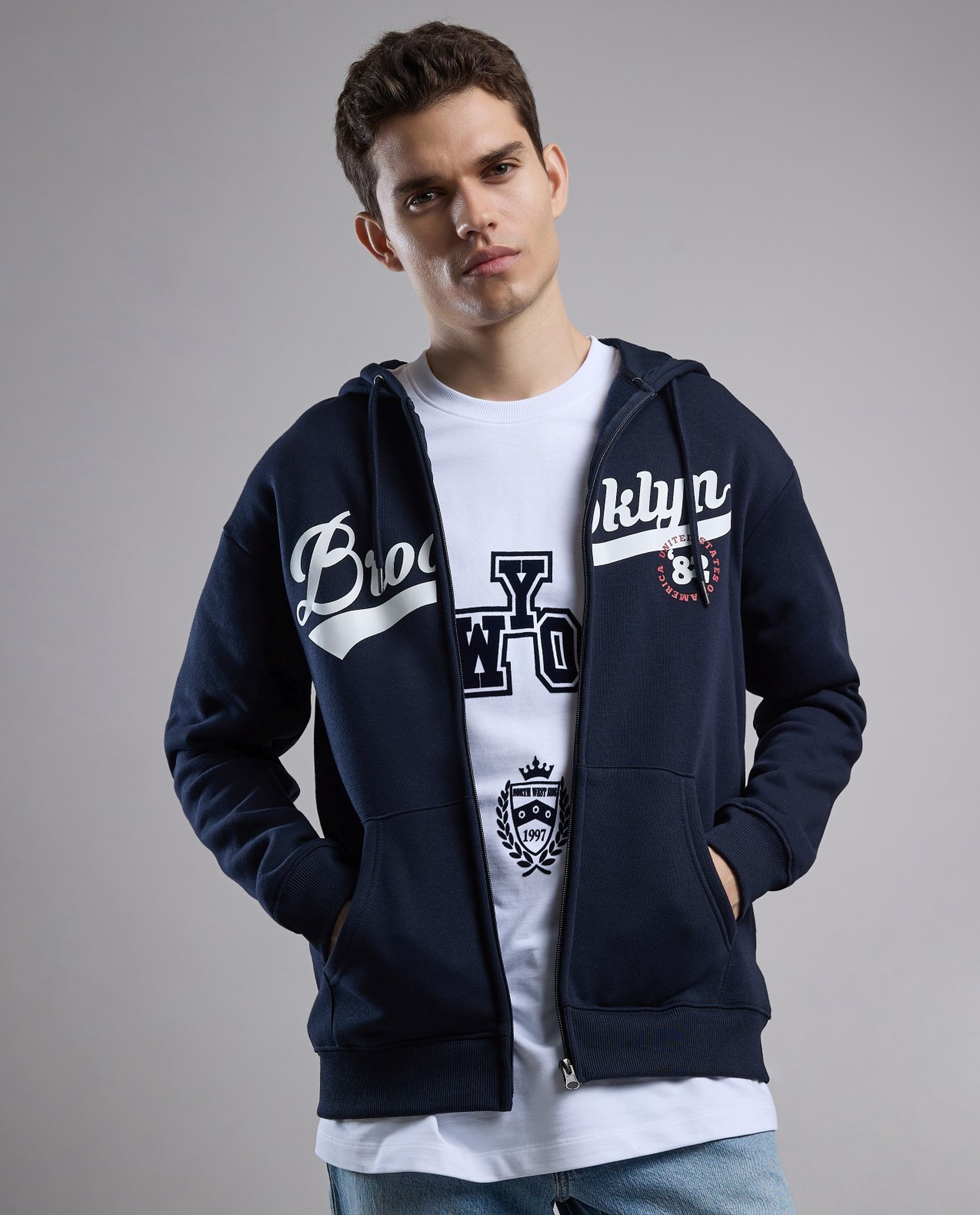 Typography Print Hooded Jacket with Zipper Closure