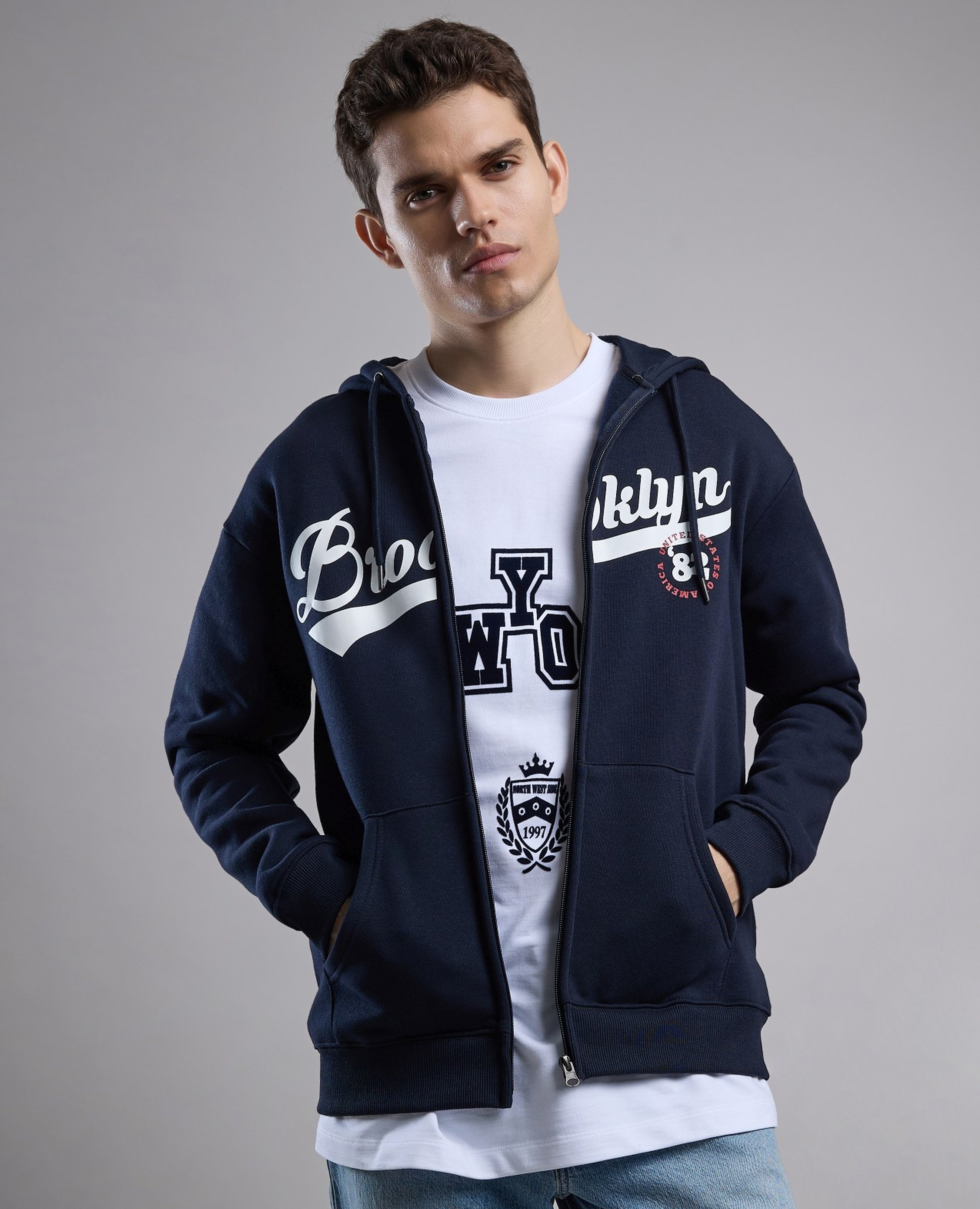 Typography Print Hooded Jacket with Zipper Closure