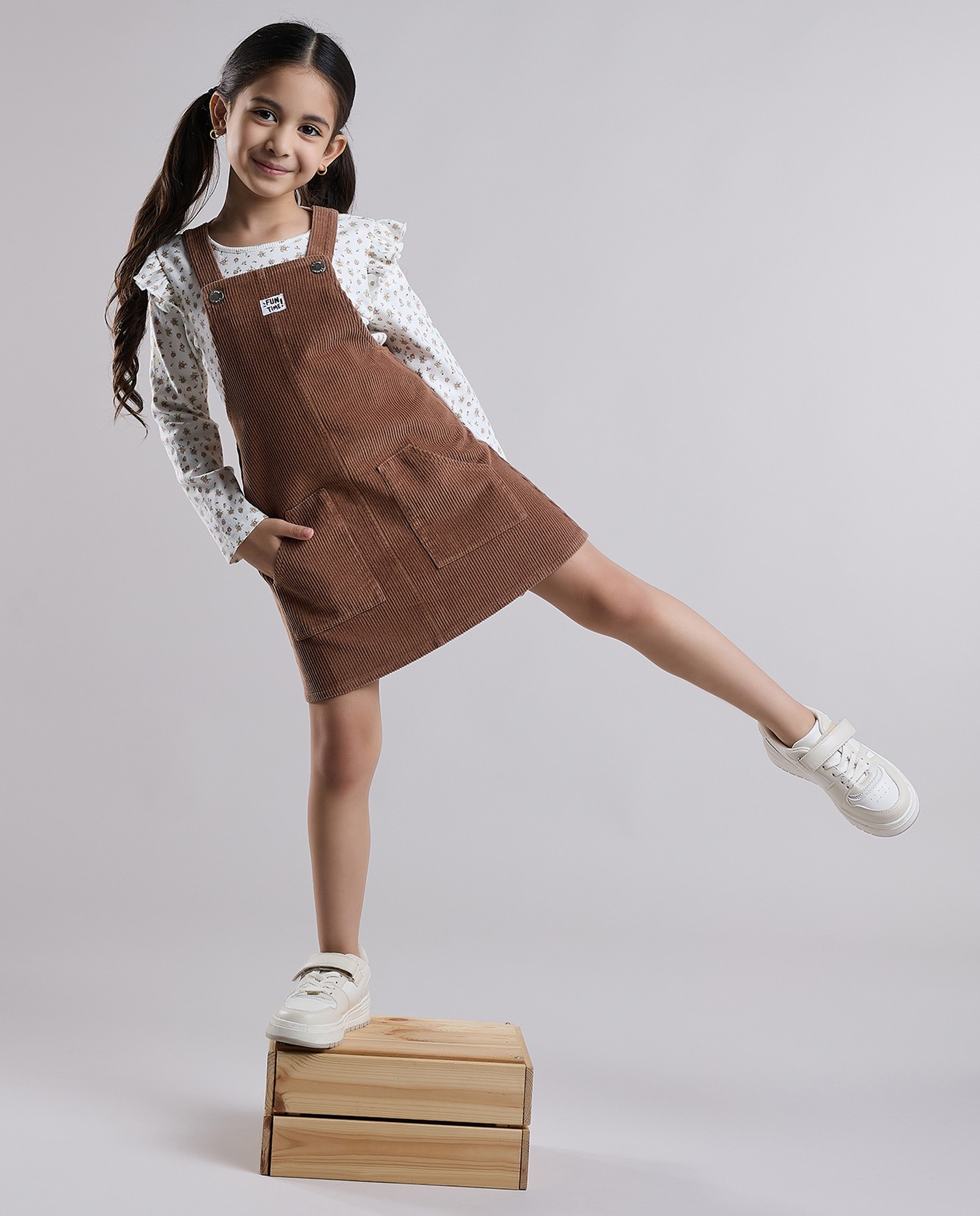 Printed Top and Dungaree Dress Set