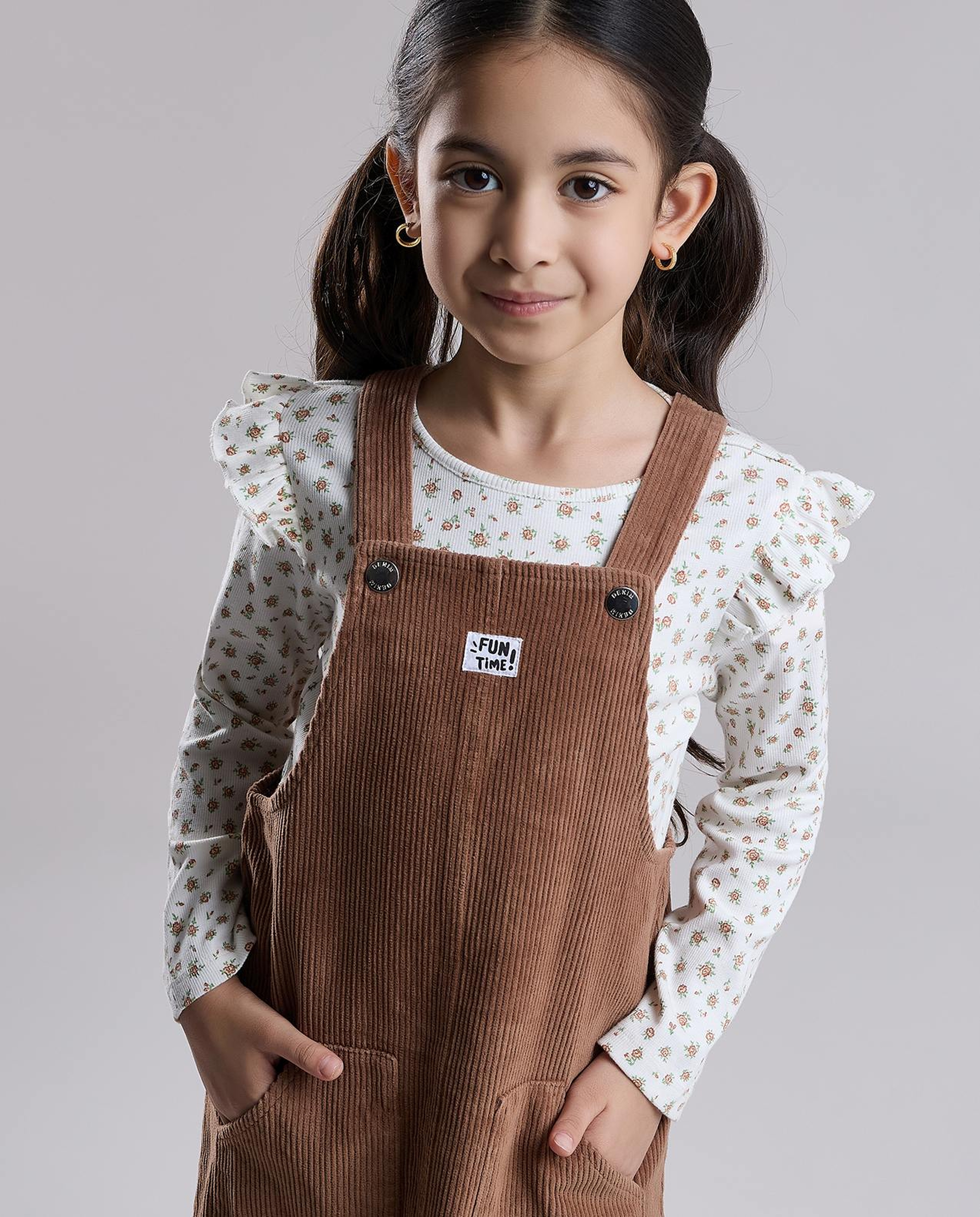 Printed Top and Dungaree Dress Set