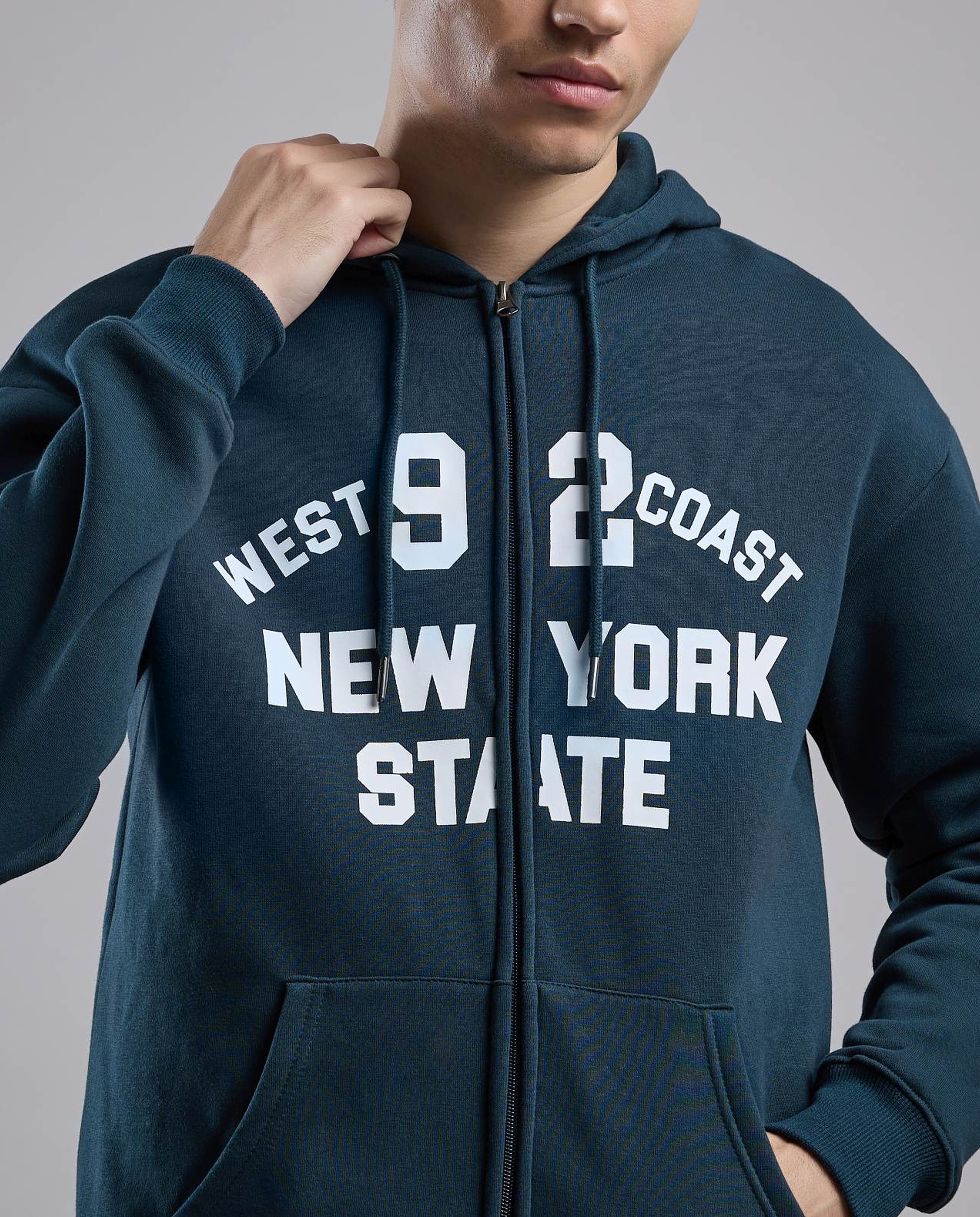 Typography Print Hooded Jacket with Zipper Closure