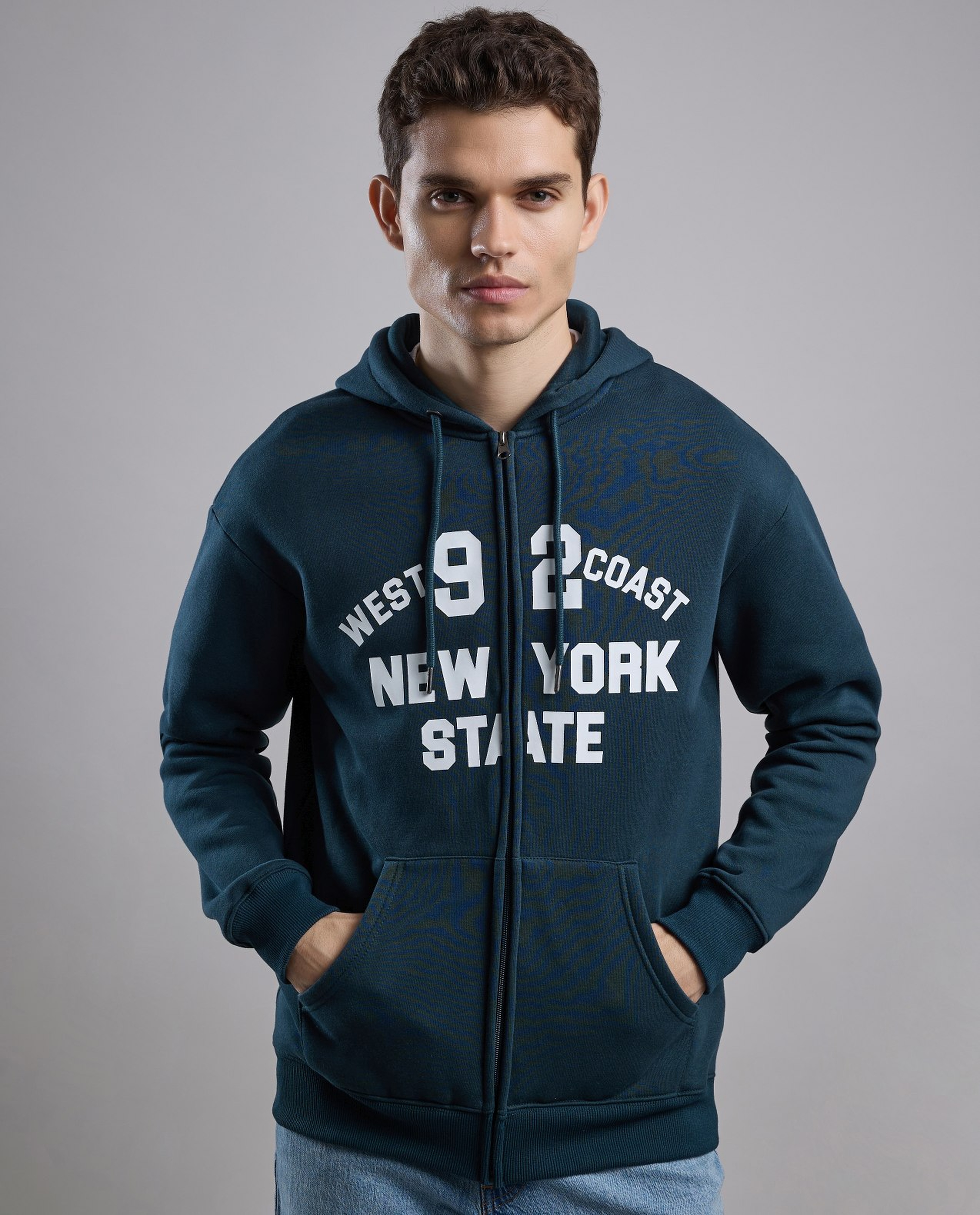 Typography Print Hooded Jacket with Zipper Closure