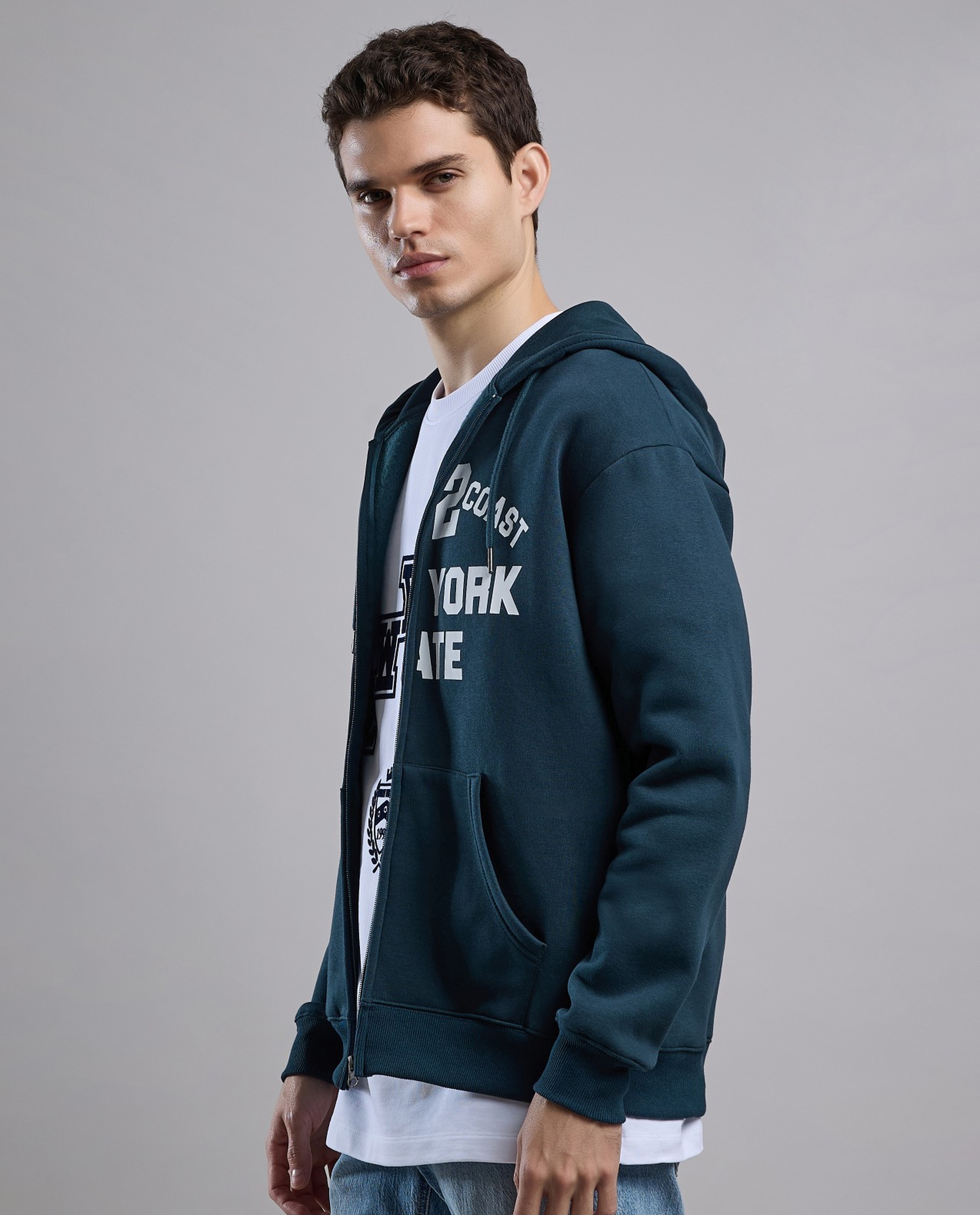 Typography Print Hooded Jacket with Zipper Closure