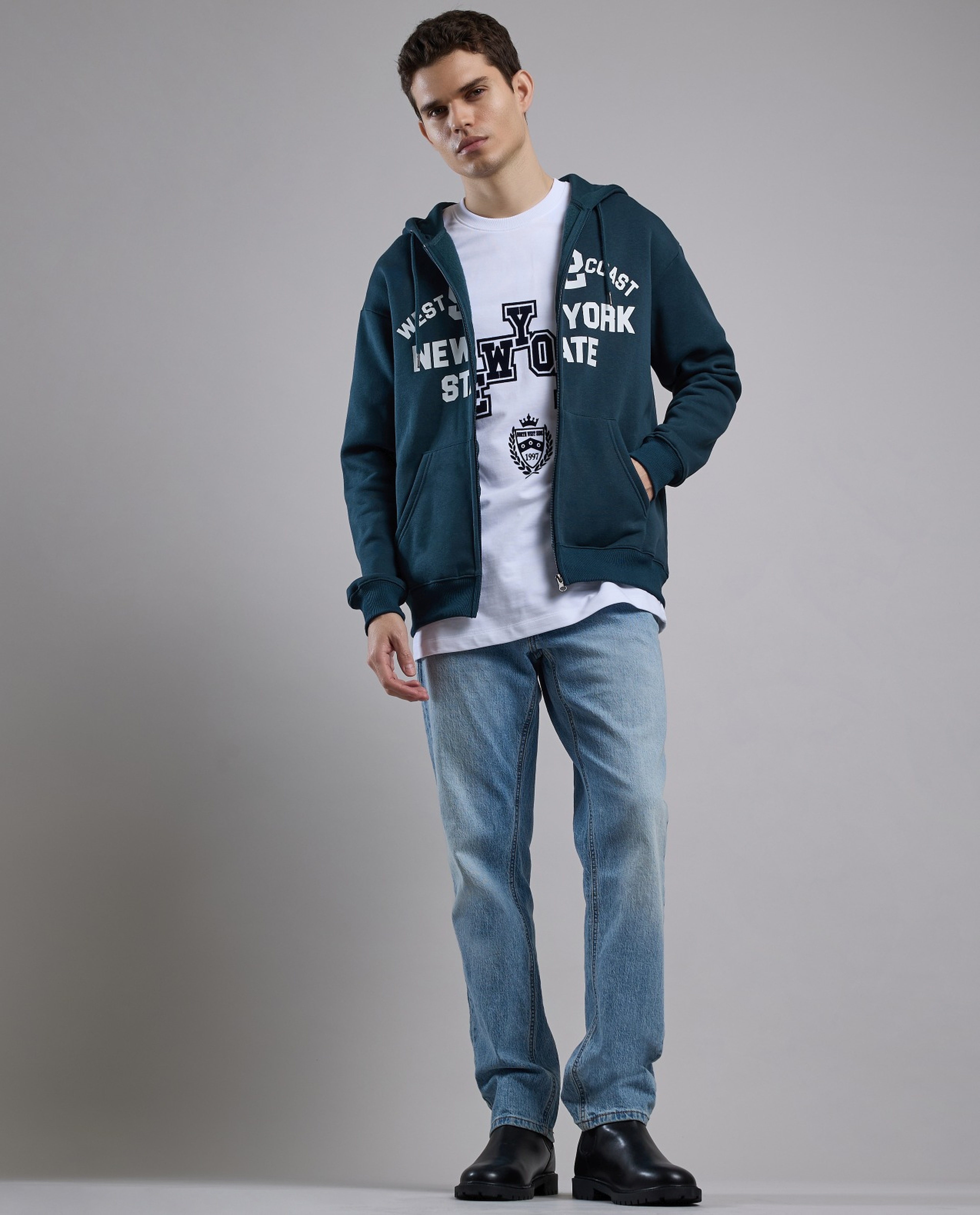 Typography Print Hooded Jacket with Zipper Closure