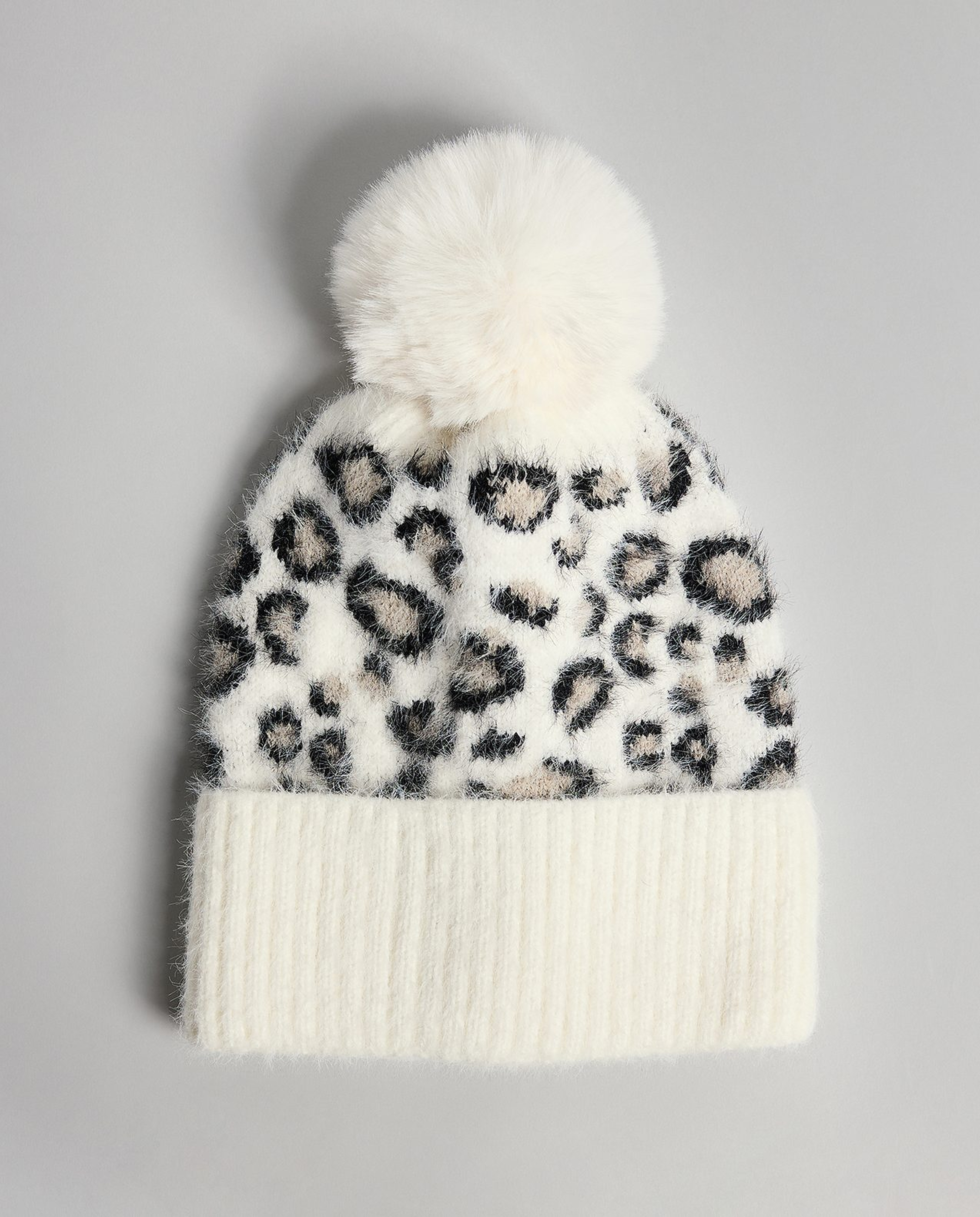 Animal Patterned Beanie with Pom-Pom