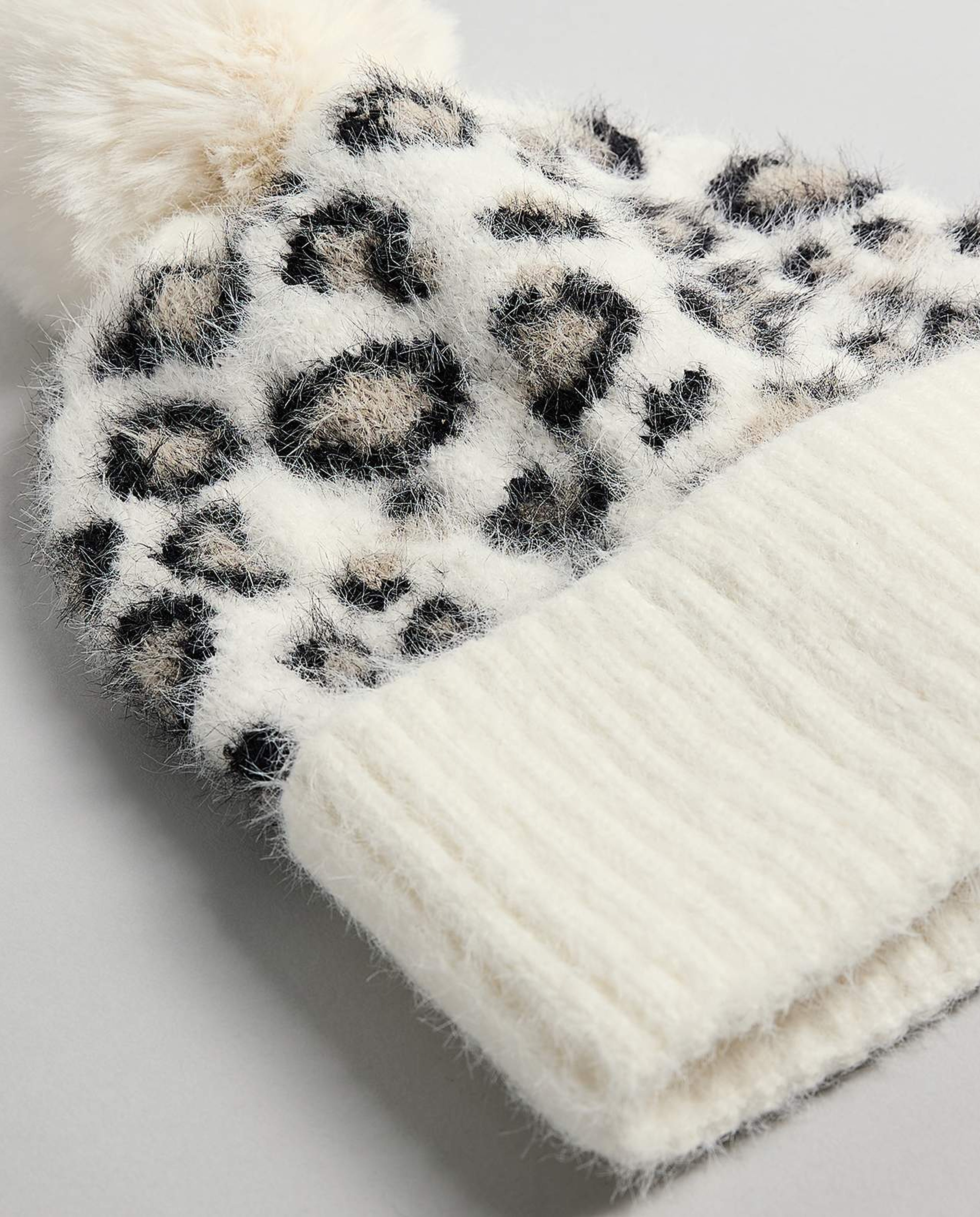 Animal Patterned Beanie with Pom-Pom