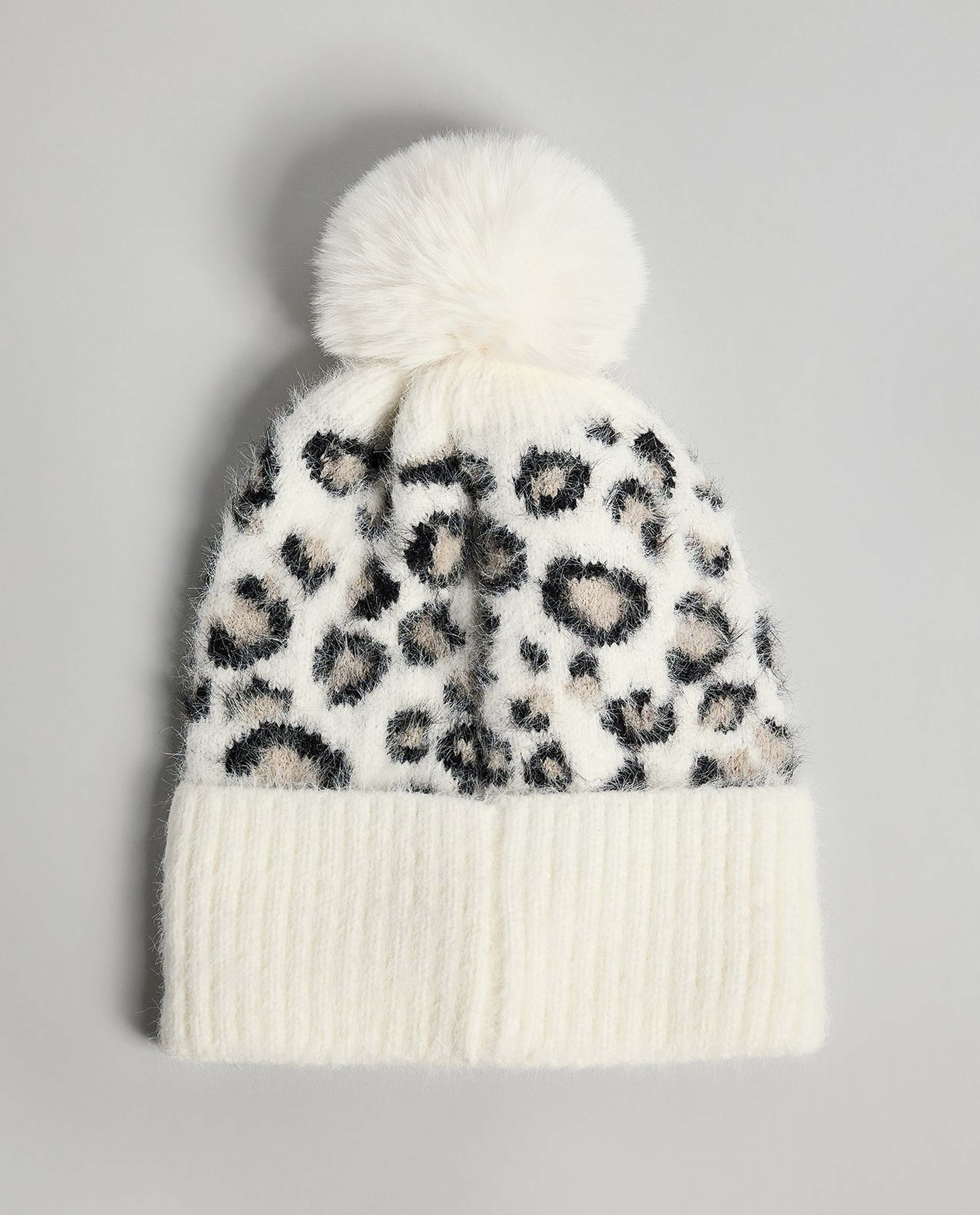 Animal Patterned Beanie with Pom-Pom