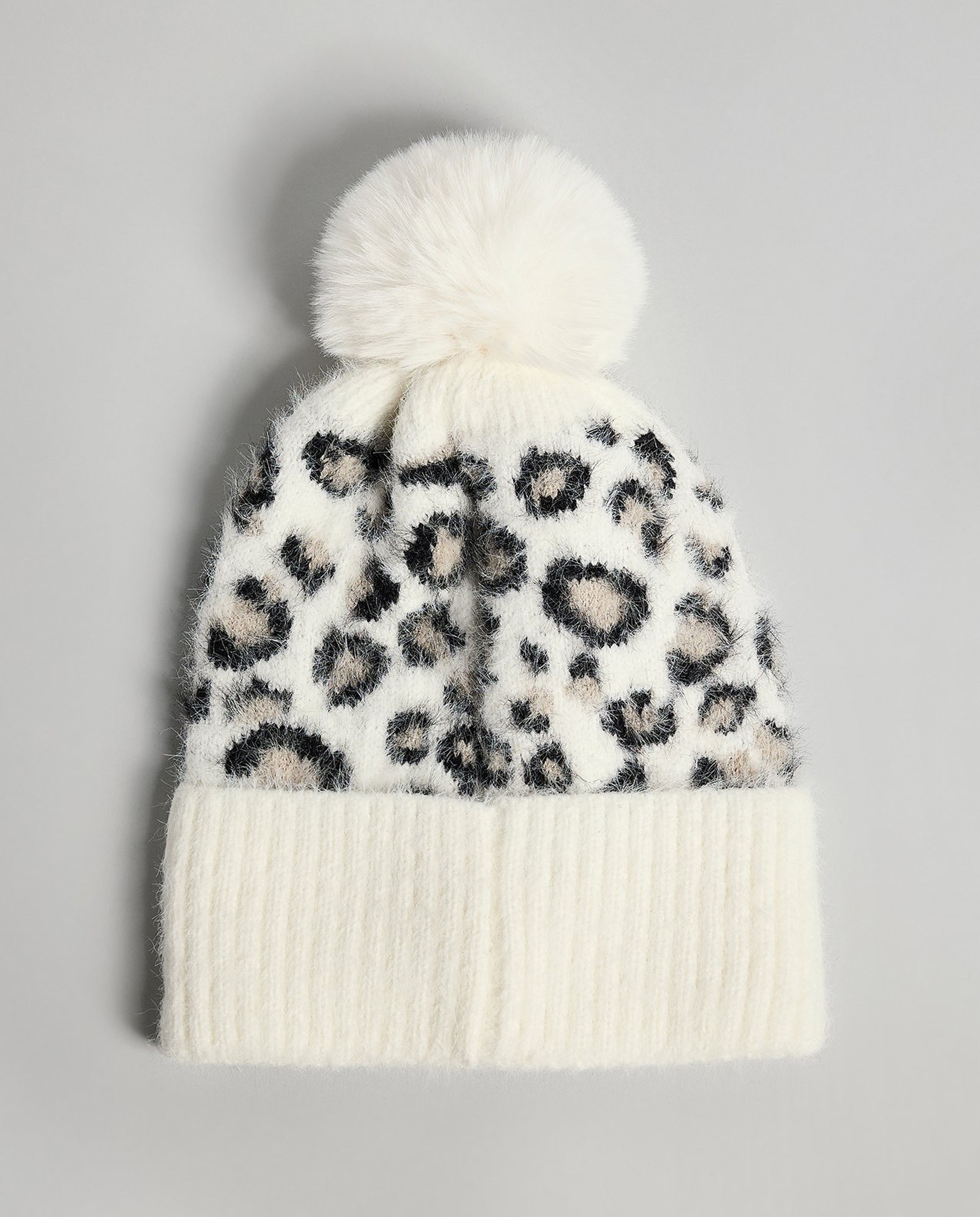 Animal Patterned Beanie with Pom-Pom