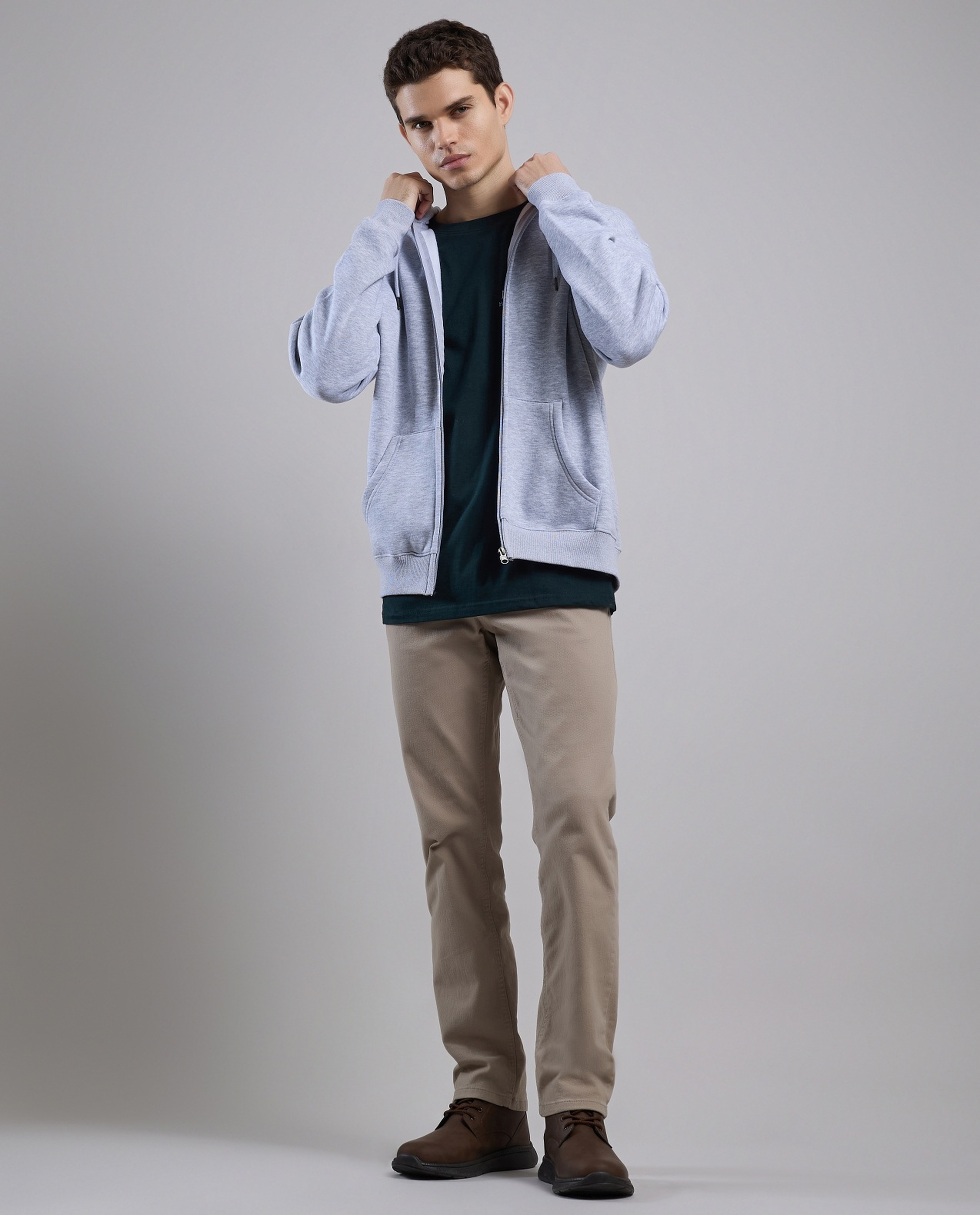 Solid Hooded Jacket with Zipper Closure