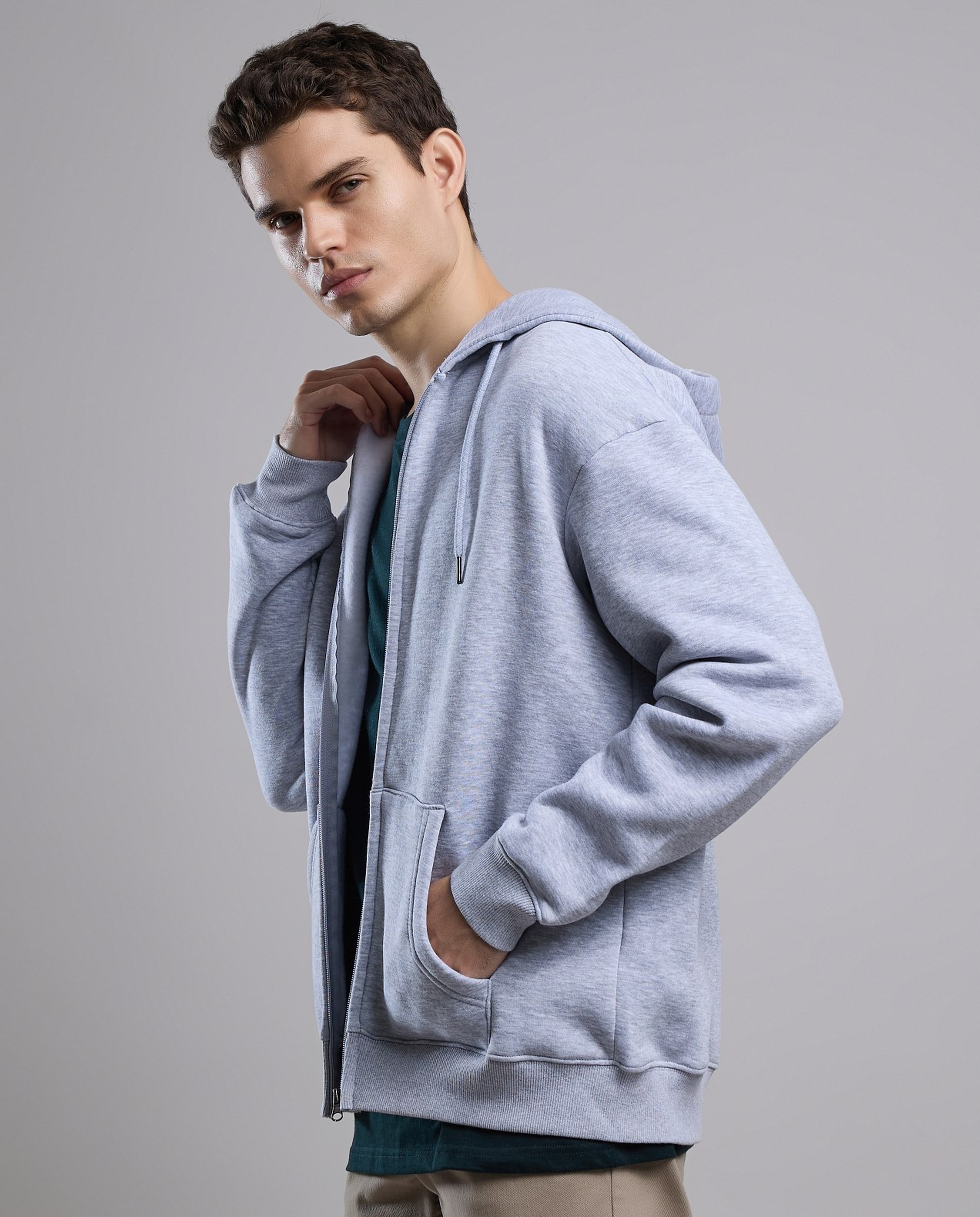 Solid Hooded Jacket with Zipper Closure