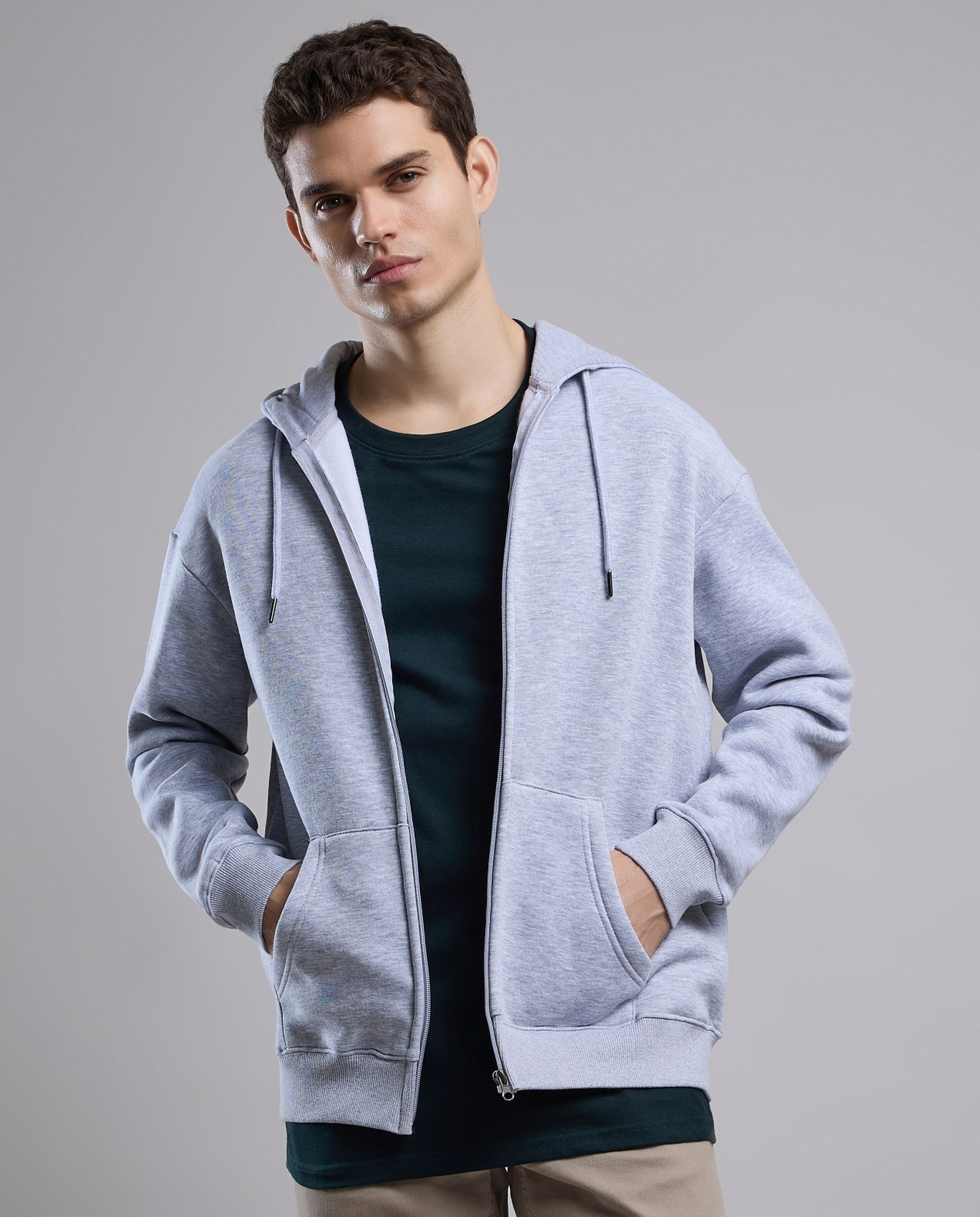 Solid Hooded Jacket with Zipper Closure