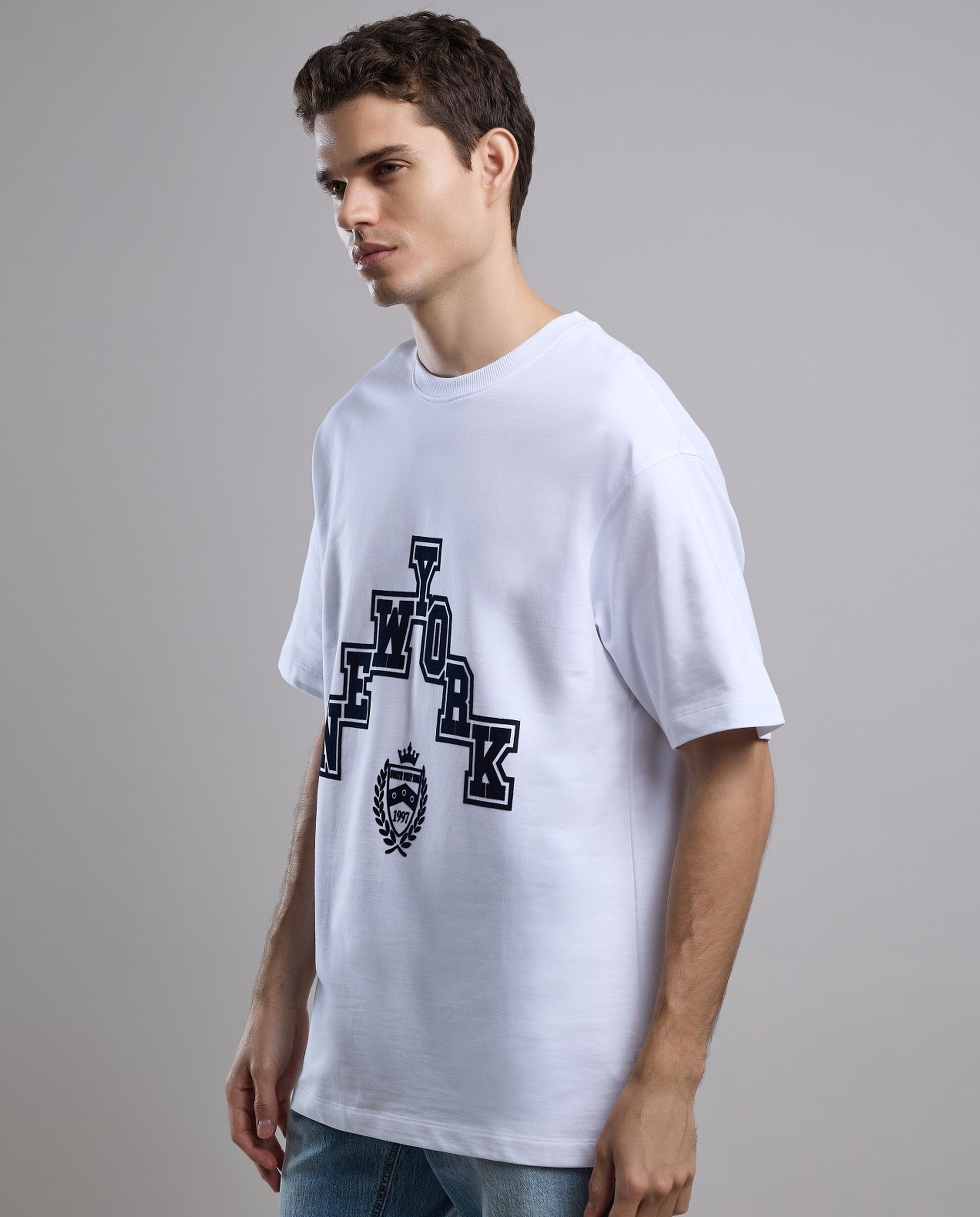 Typography Print T-Shirt with Crew Neck and Short Sleeves