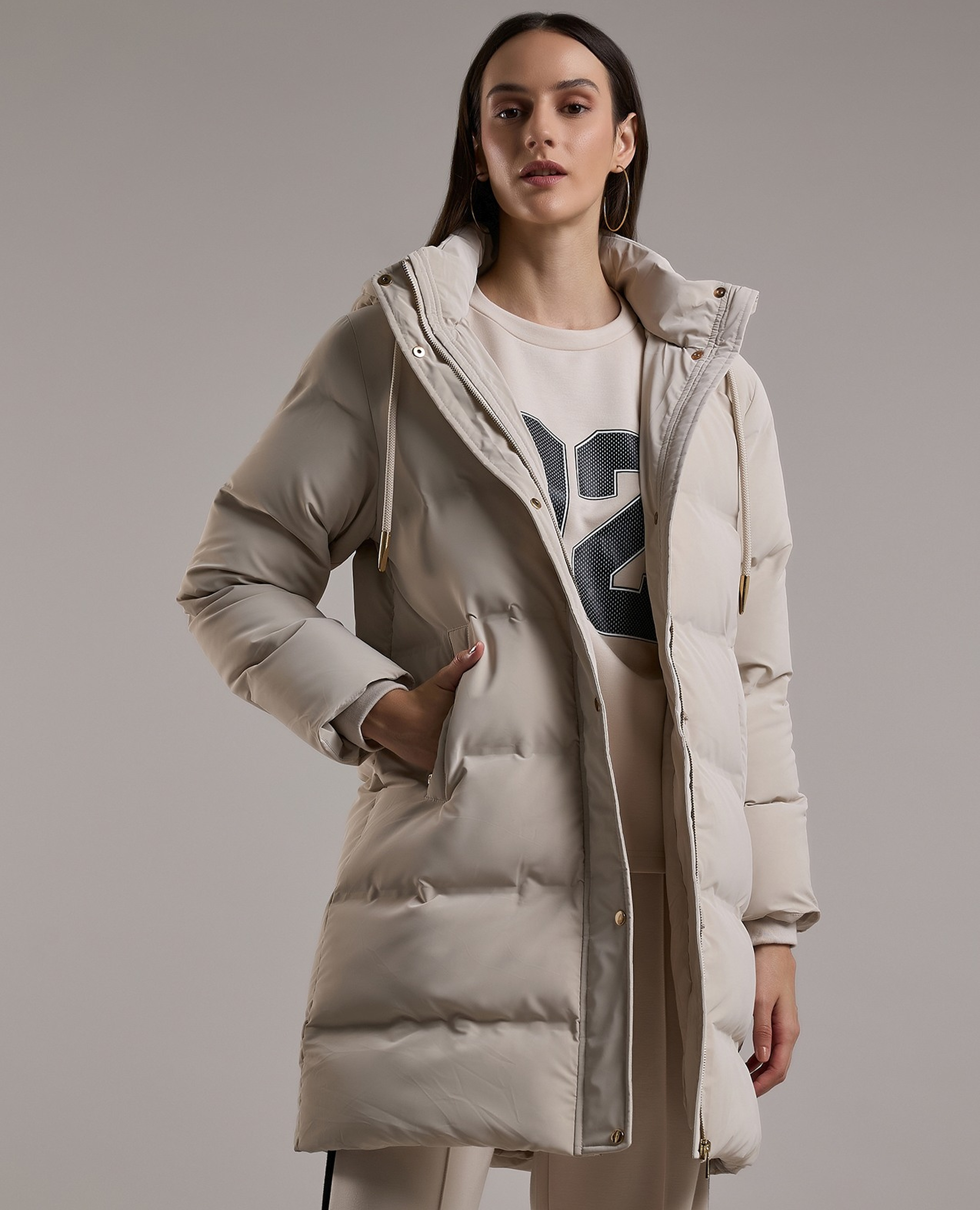 Quilted Hooded Puffer Jacket with Zipper Closure