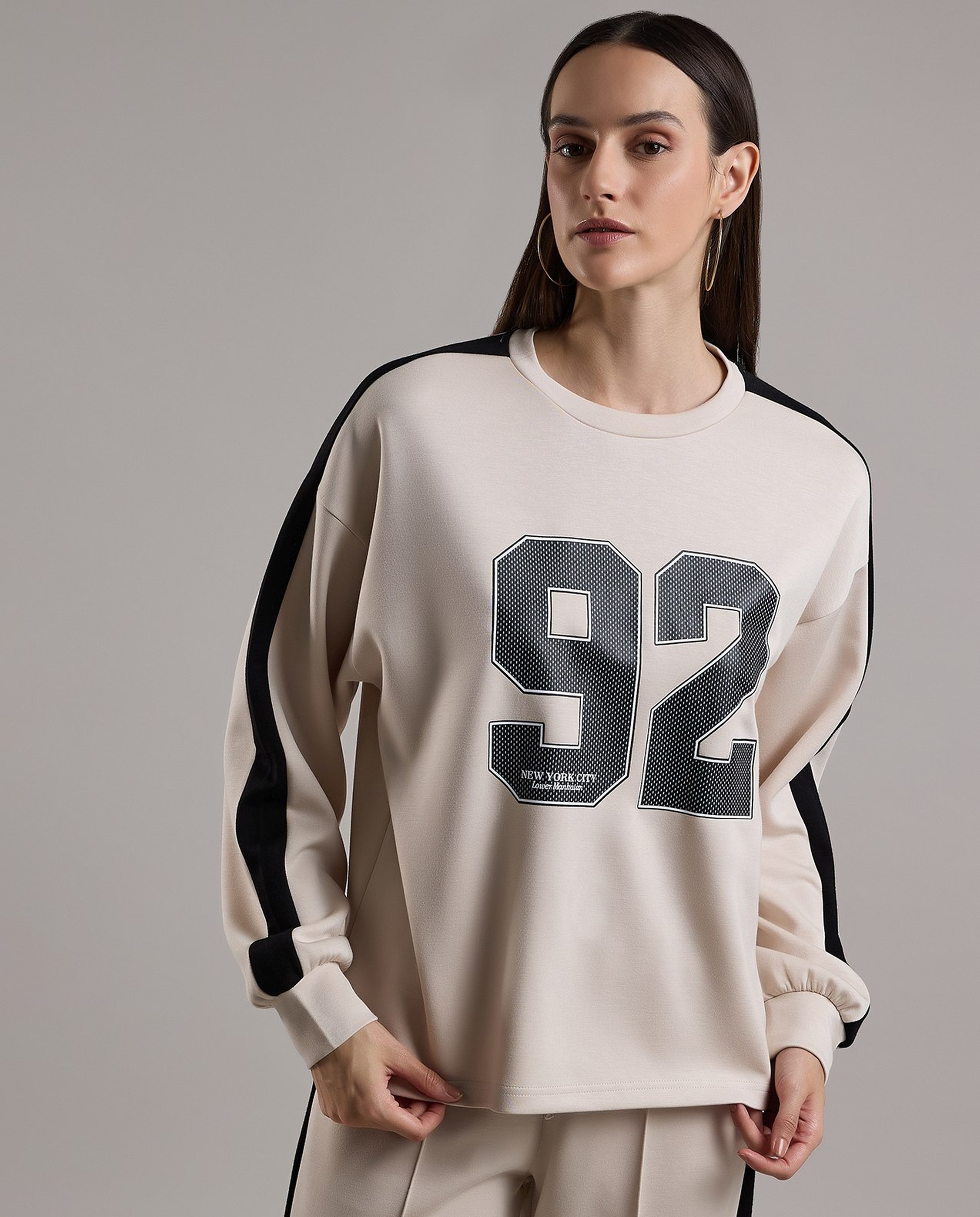 Typography Print Sweatshirt with Crew Neck and Long Sleeves
