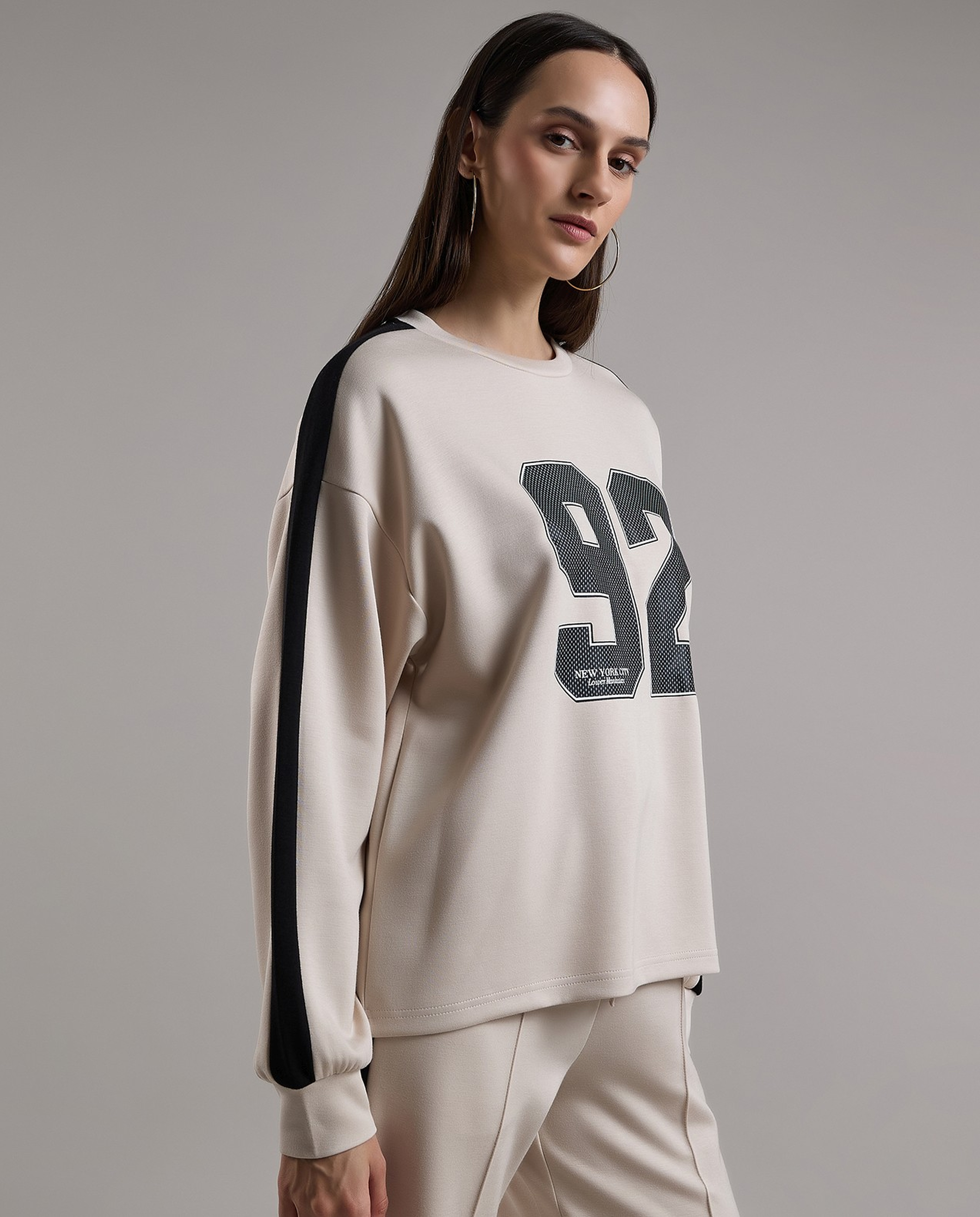 Typography Print Sweatshirt with Crew Neck and Long Sleeves