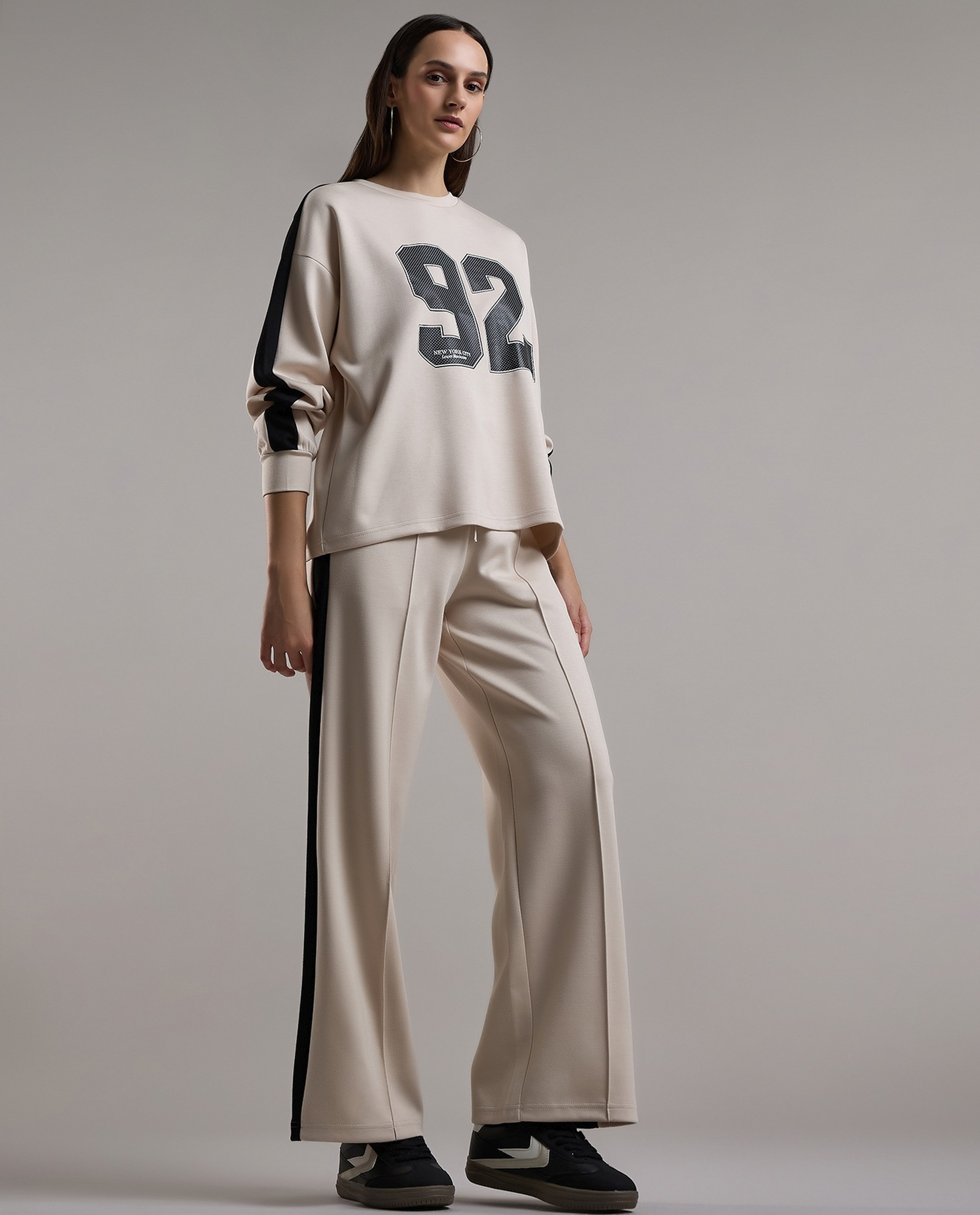 Stripe Detail Wide Leg Sweatpants with Drawstring Waist