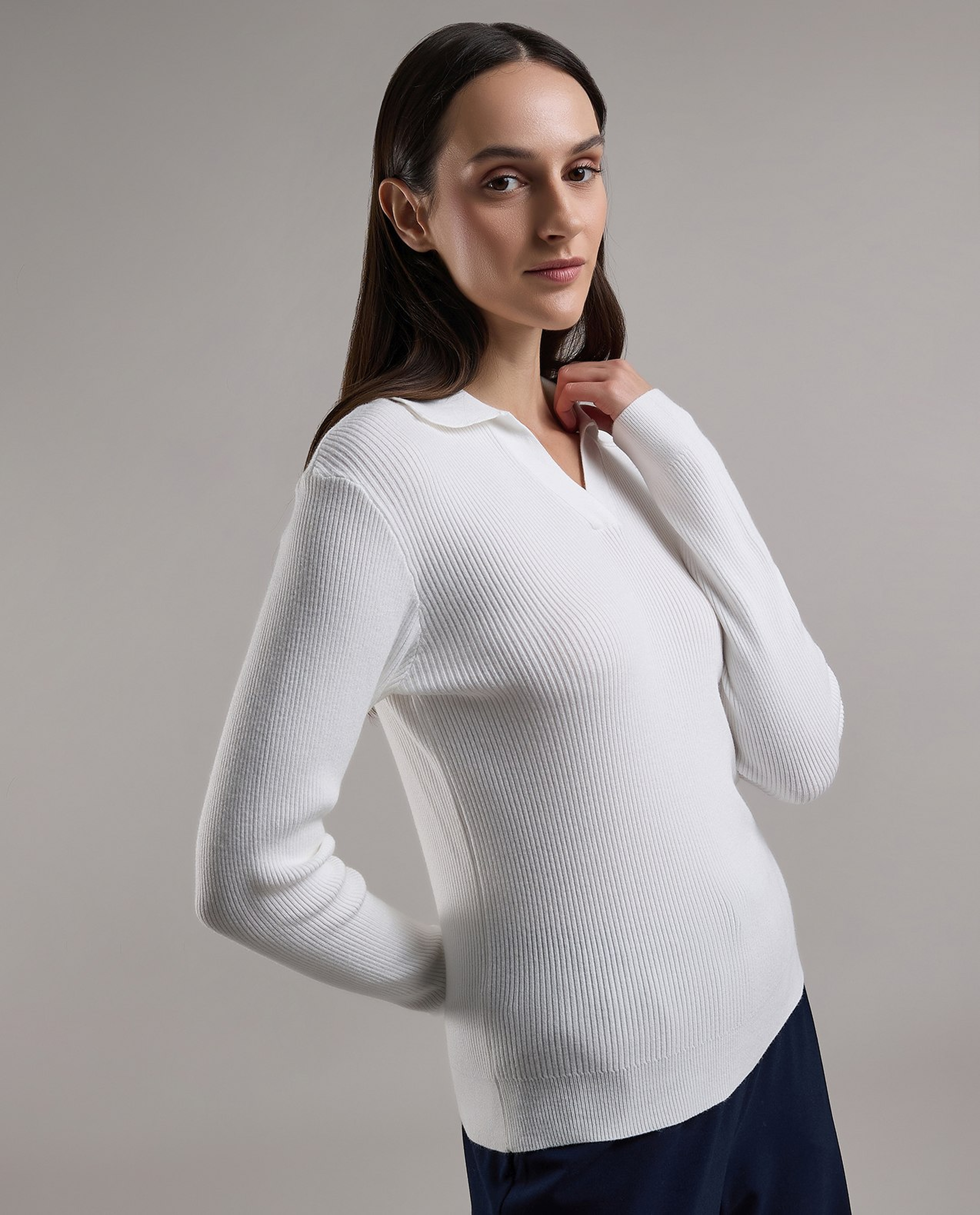 Ribbed Top with Shirt Collar and Long Sleeves
