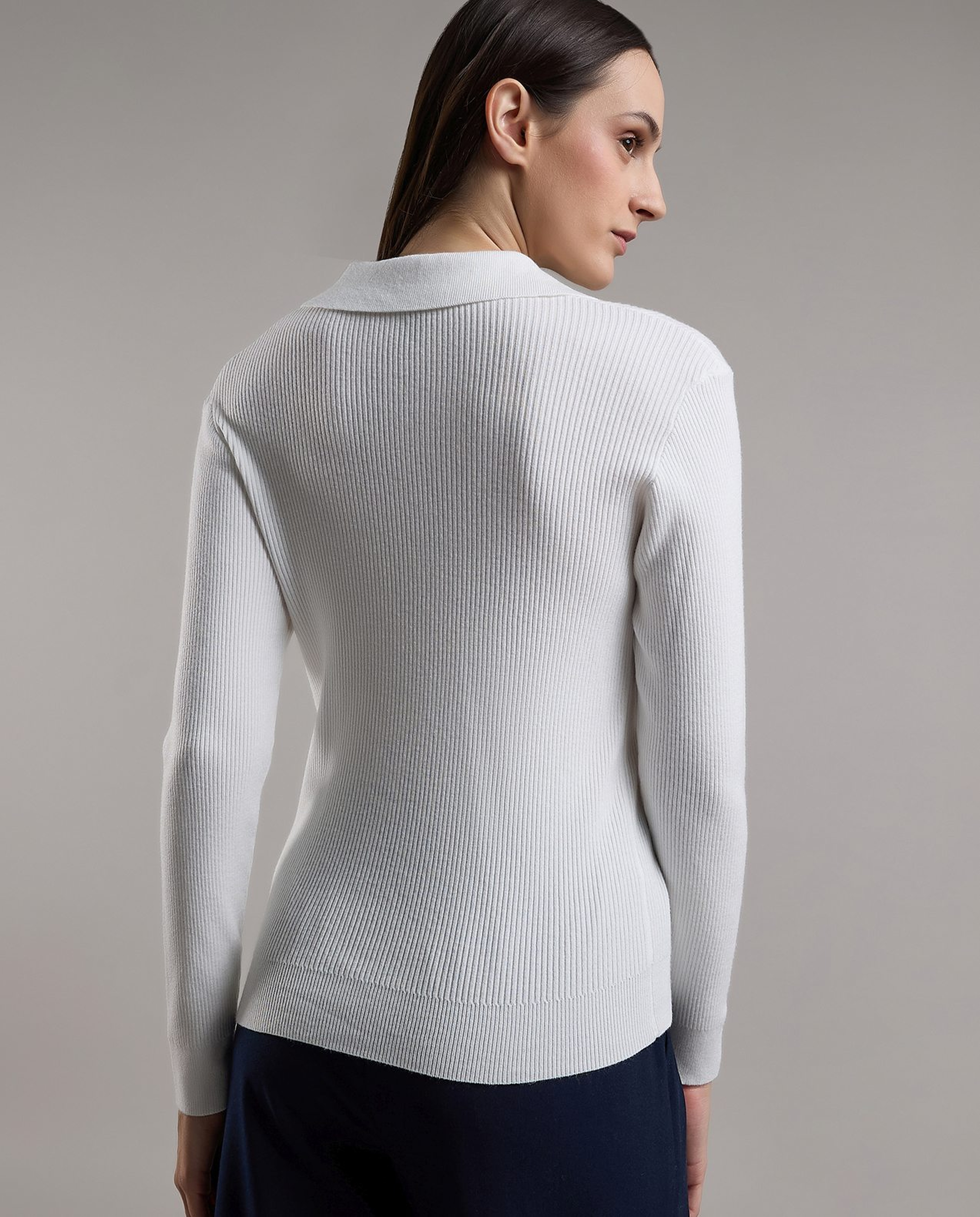Ribbed Top with Shirt Collar and Long Sleeves