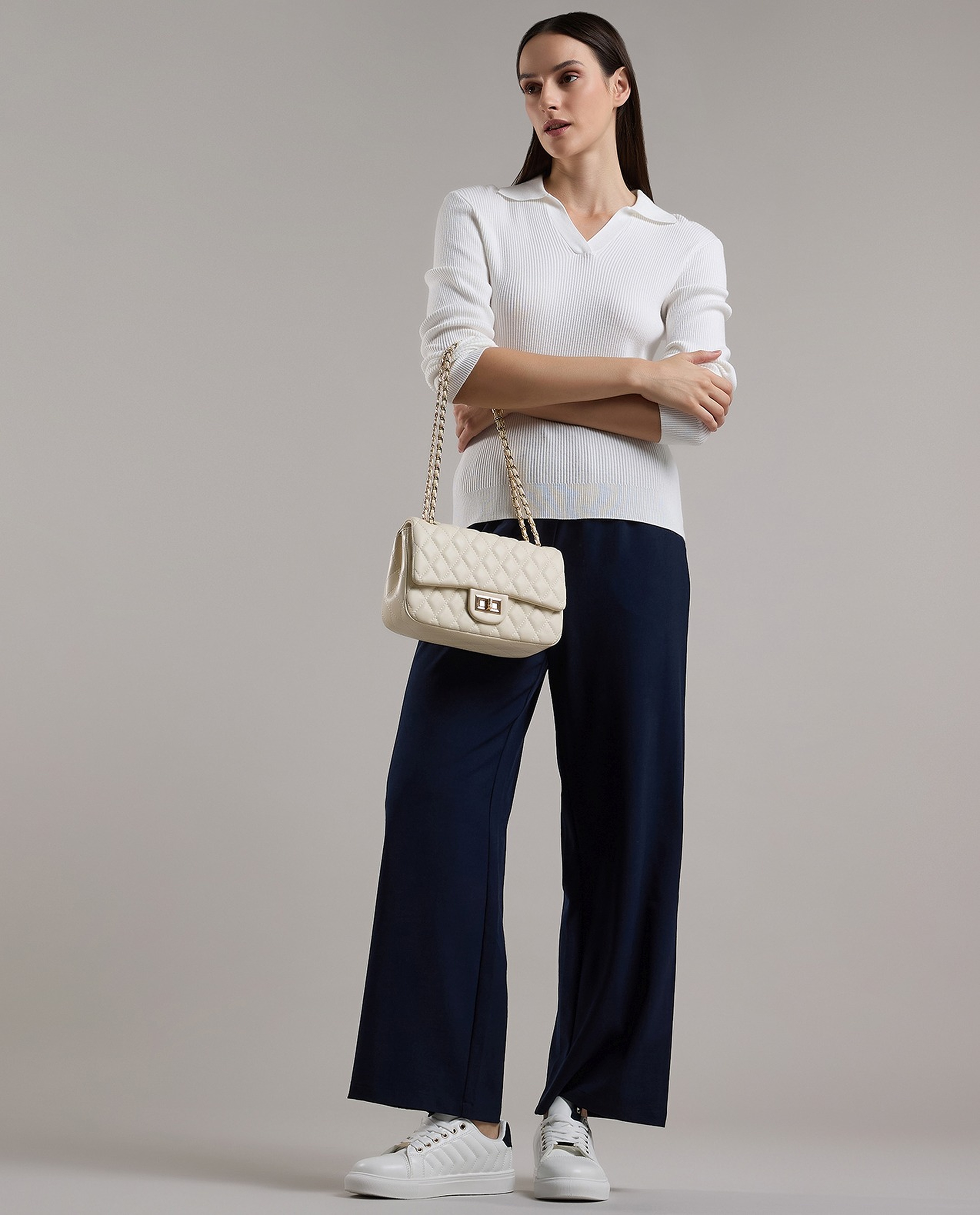 Ribbed Top with Shirt Collar and Long Sleeves