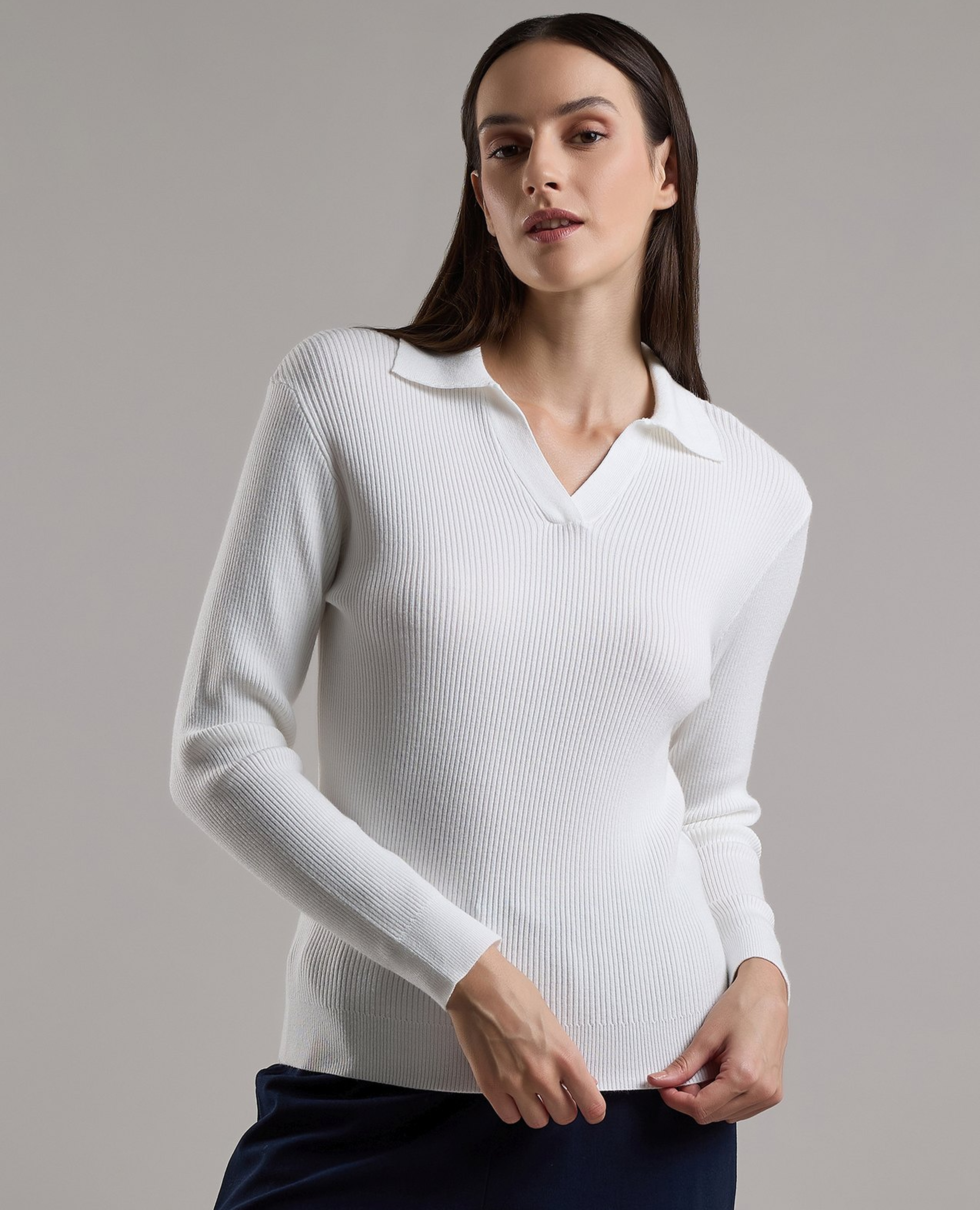 Ribbed Top with Shirt Collar and Long Sleeves