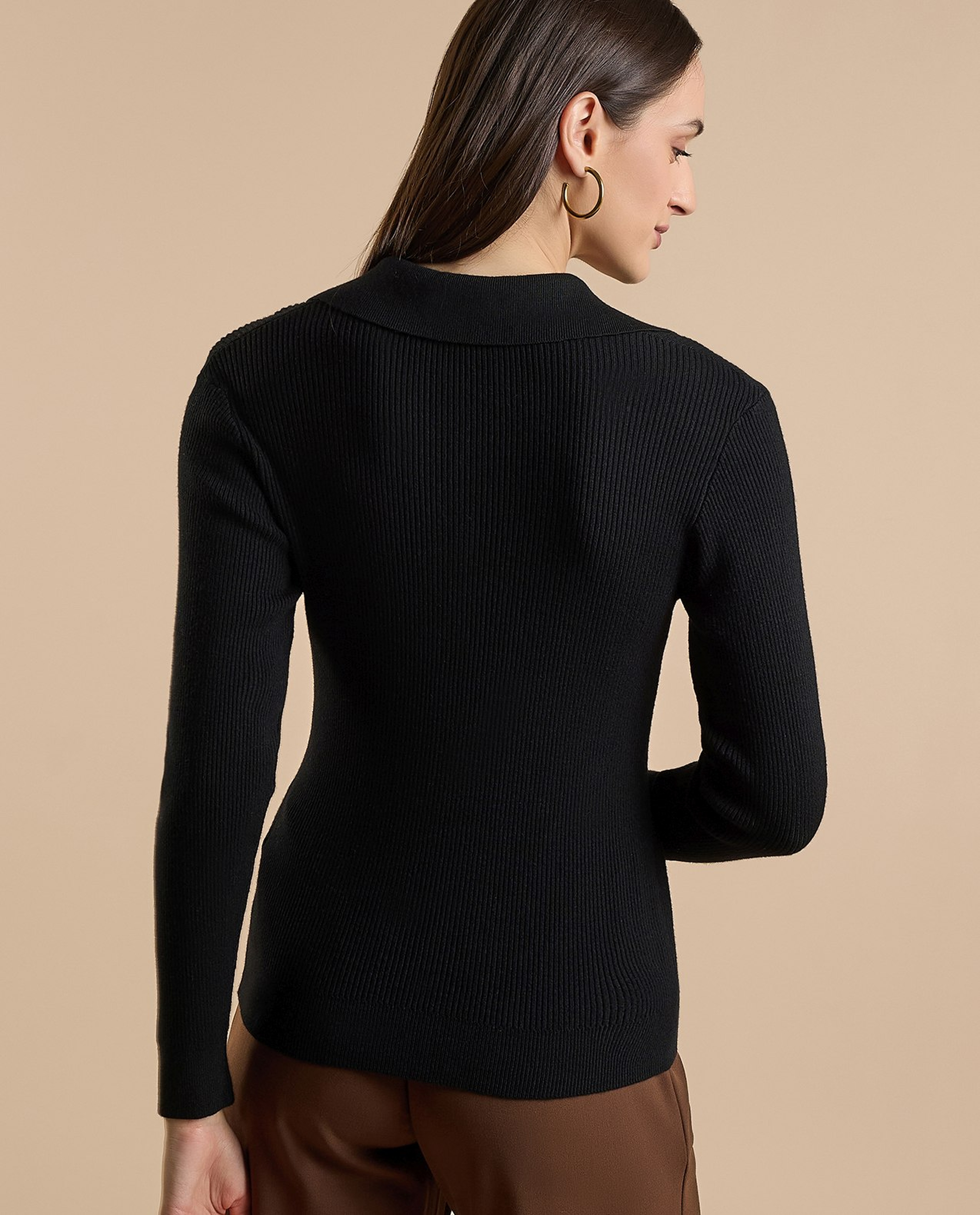 Ribbed Top with Shirt Collar and Long Sleeves